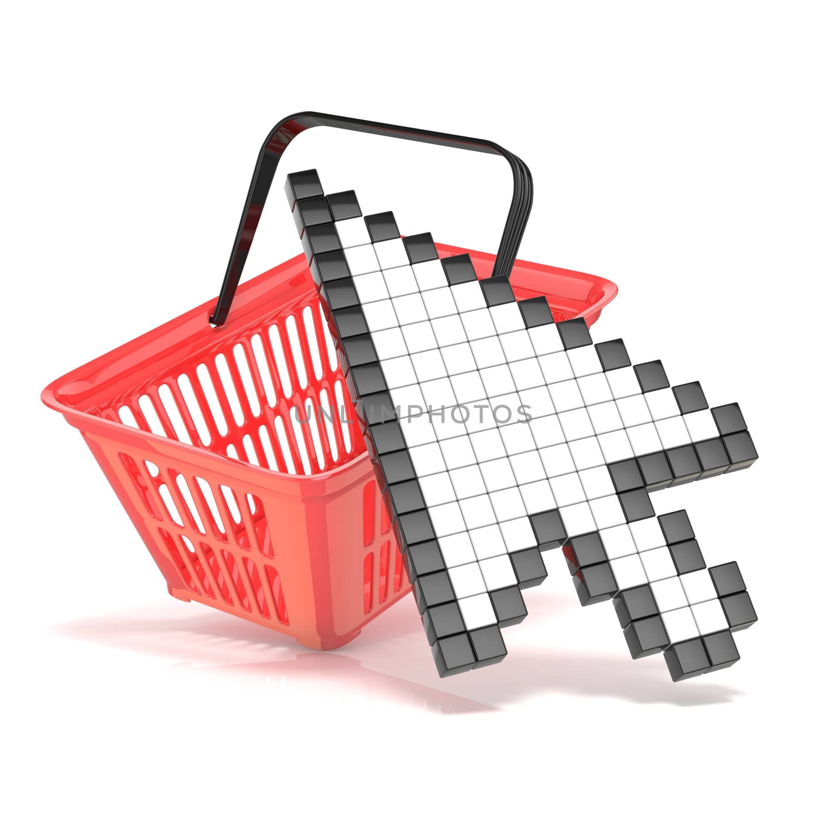 Shopping basket and pointing arrow cursor. Internet commerce concept. 3D illustration isolated on white background