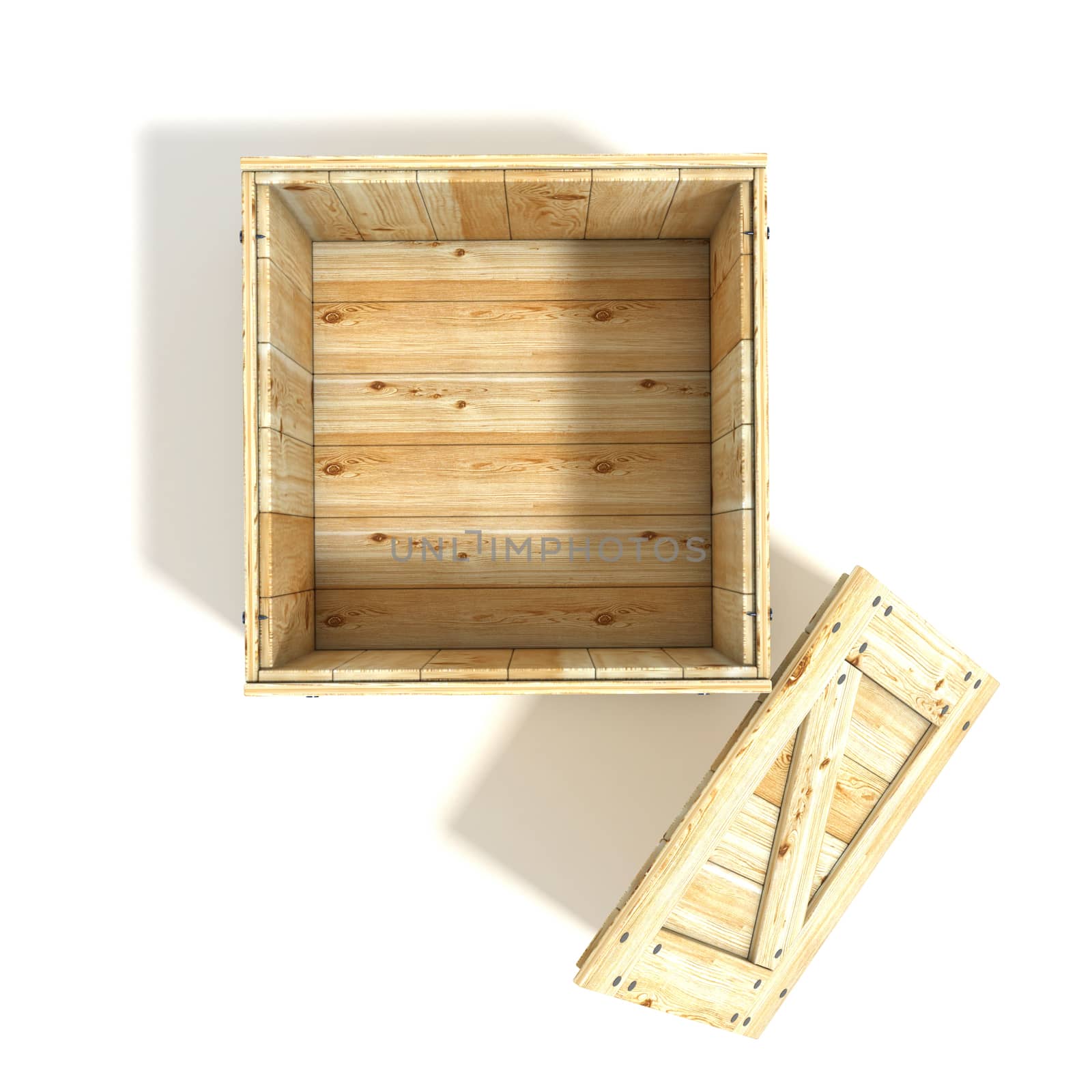 Opened wooden crate. Top view. 3D render illustration isolated on a white background