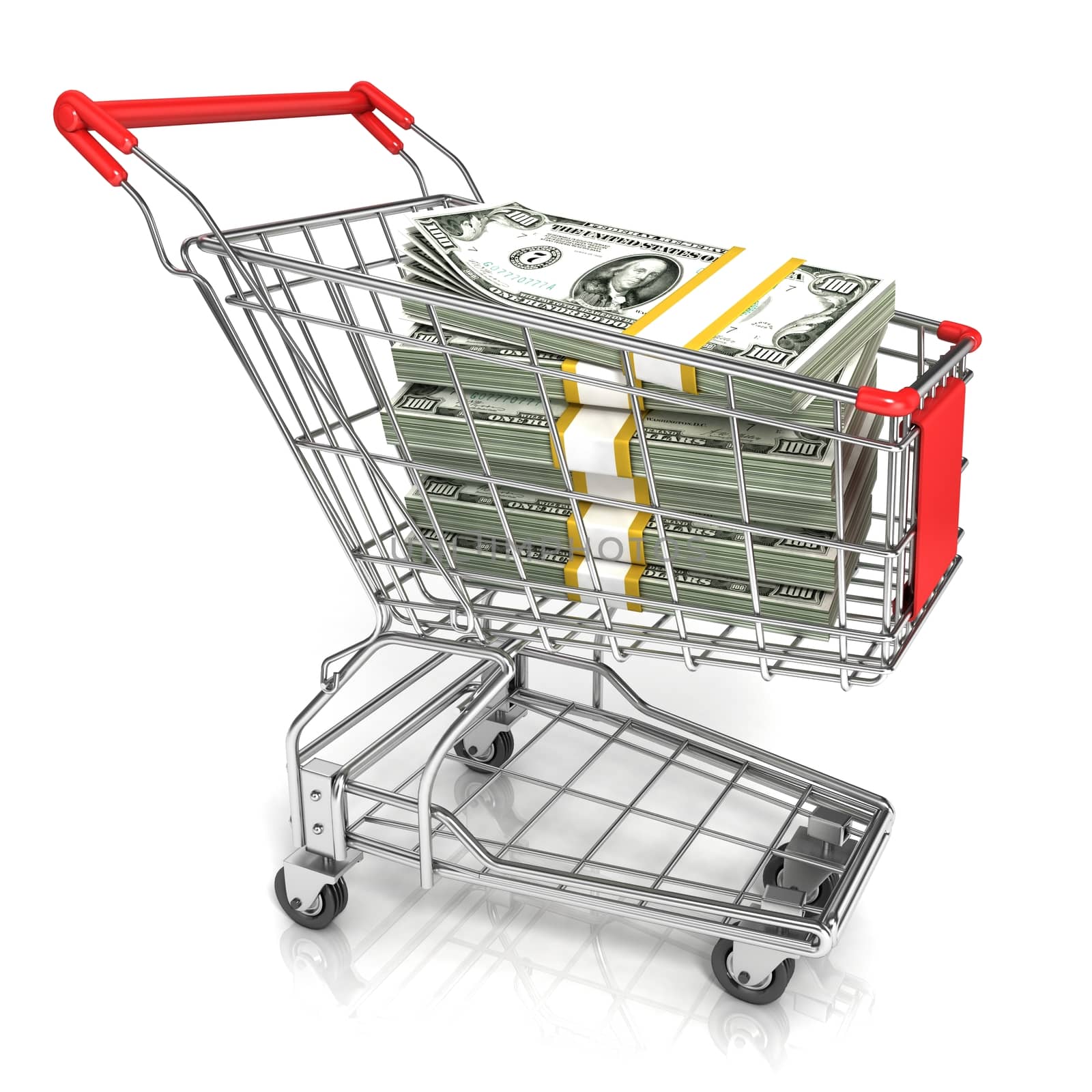Money, dollar cash banknote, in trolley shopping cart. 3D rendering isolated on white background
