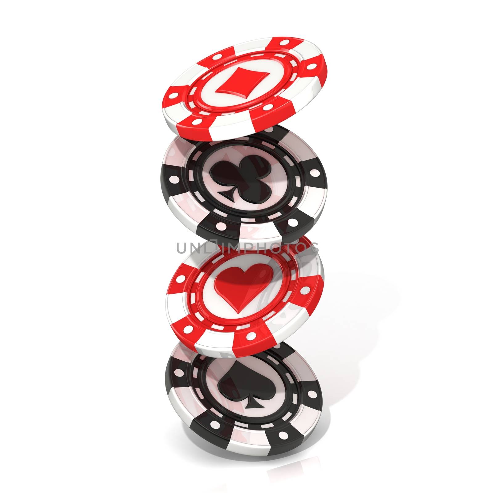 Set of falling gambling poker chips, with spade, heart diamond and club on it. 3D render Isolated on white background