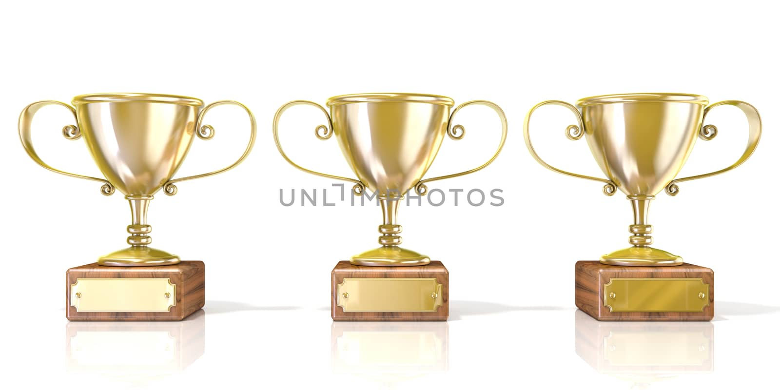 Three golden cup trophies. 3D render illustration isolated on white background