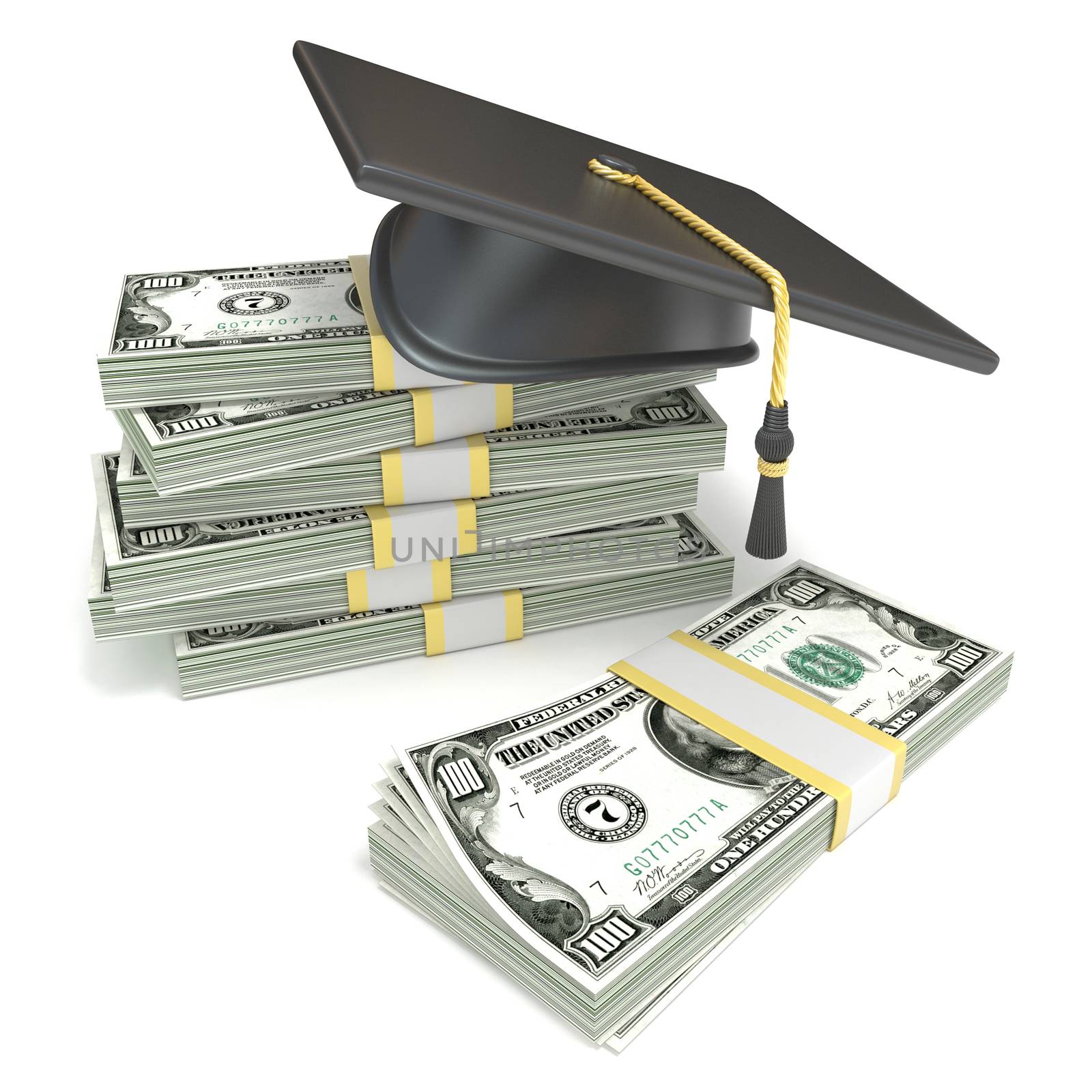 Education concept. Graduation cap on stack of dollar bills. 3D by djmilic