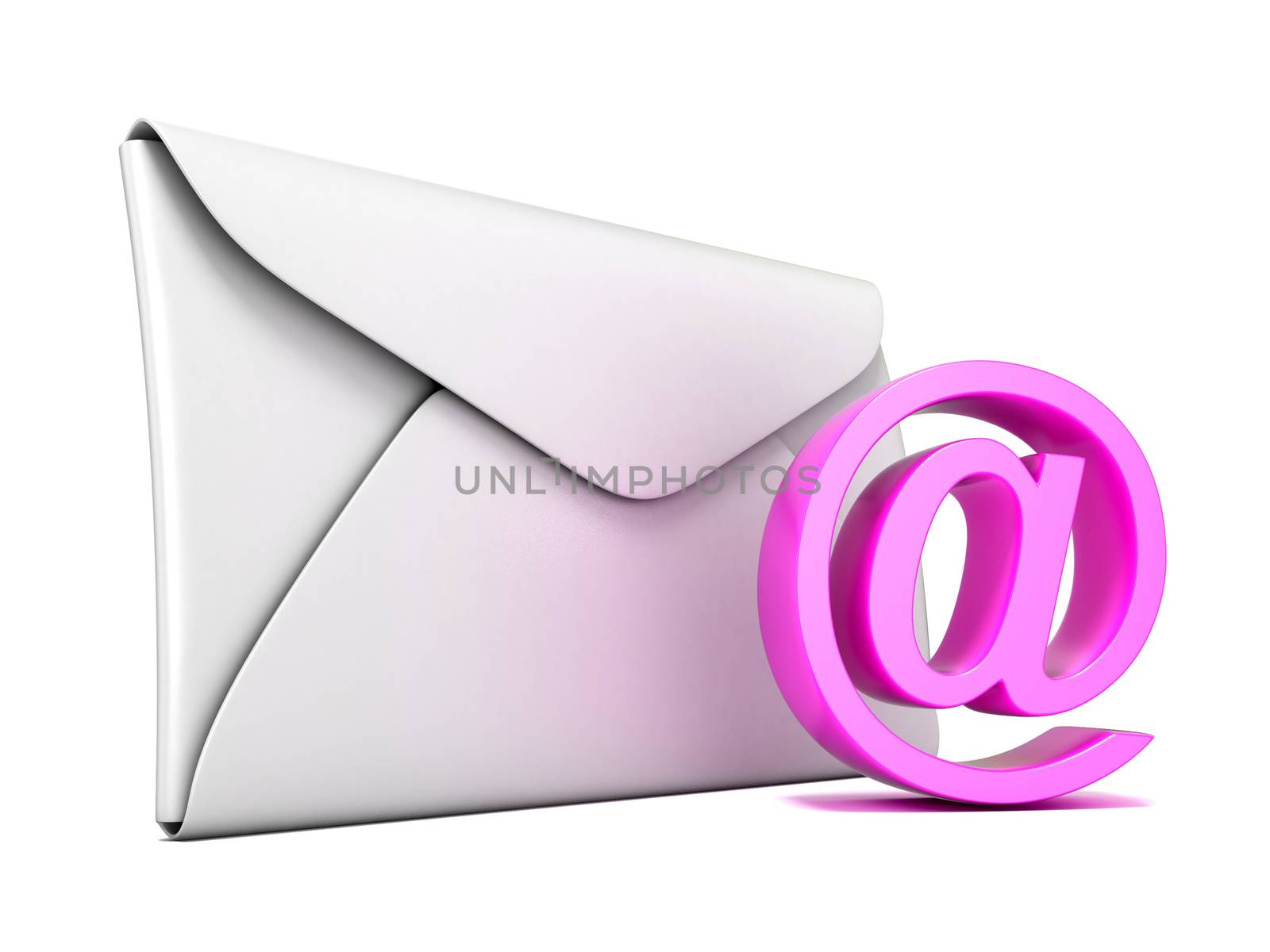 Envelope and pink email symbol. 3D render illustration isolated on white background