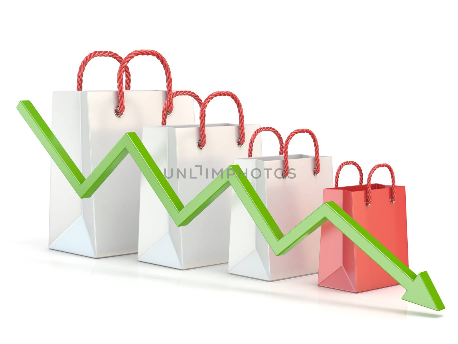 Shopping bag decreasing chart. Sales reduction chart. 3D render illustration isolated on white background