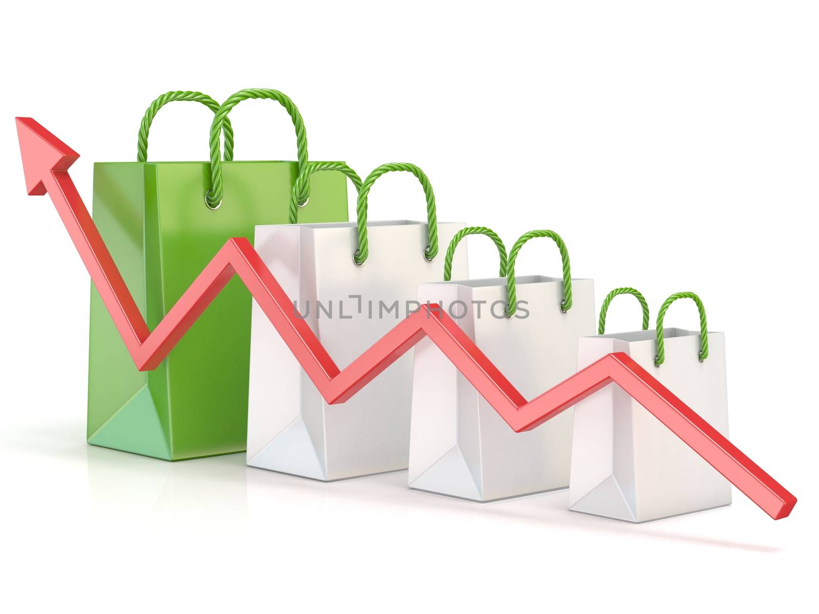 Shopping bag increasing chart. Sales growth chart. 3D render illustration isolated on white background