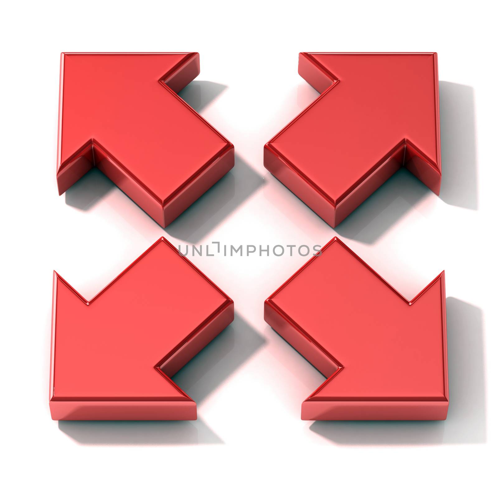 Red 3D arrows expanding. Top view, isolated on white background.