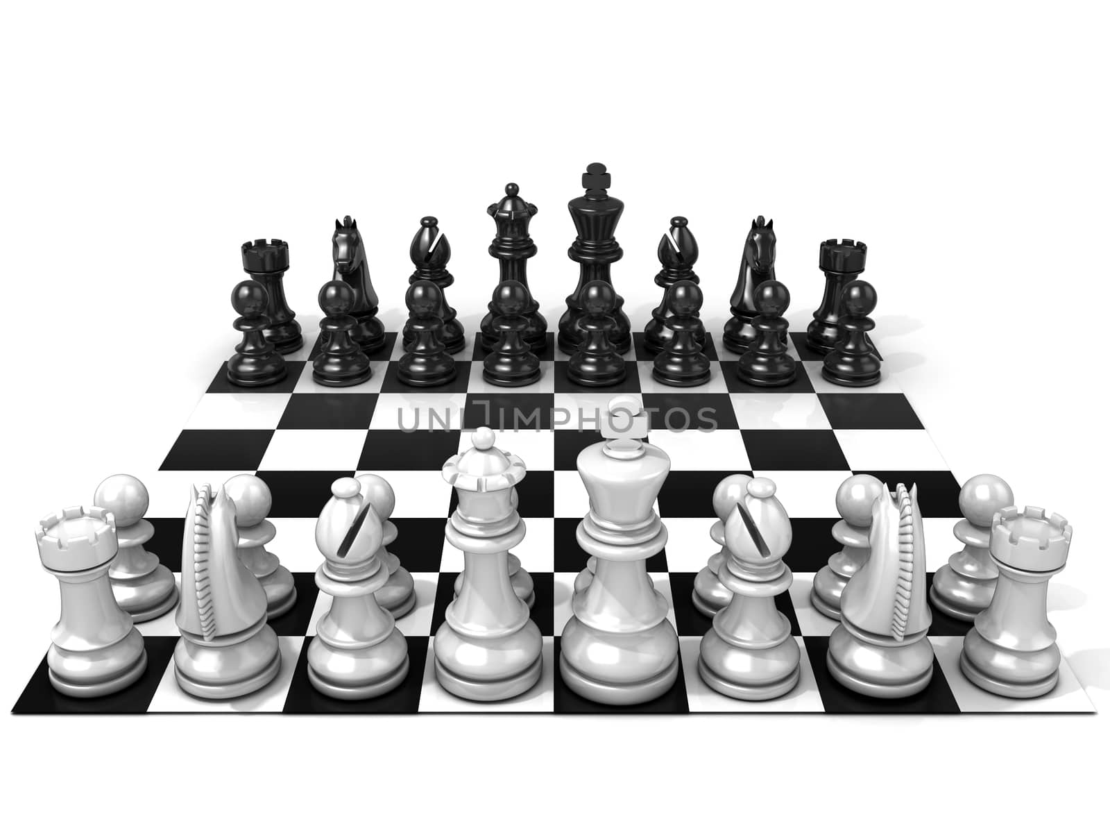 Chess Board with all chess pieces, isolated on white background. Front view