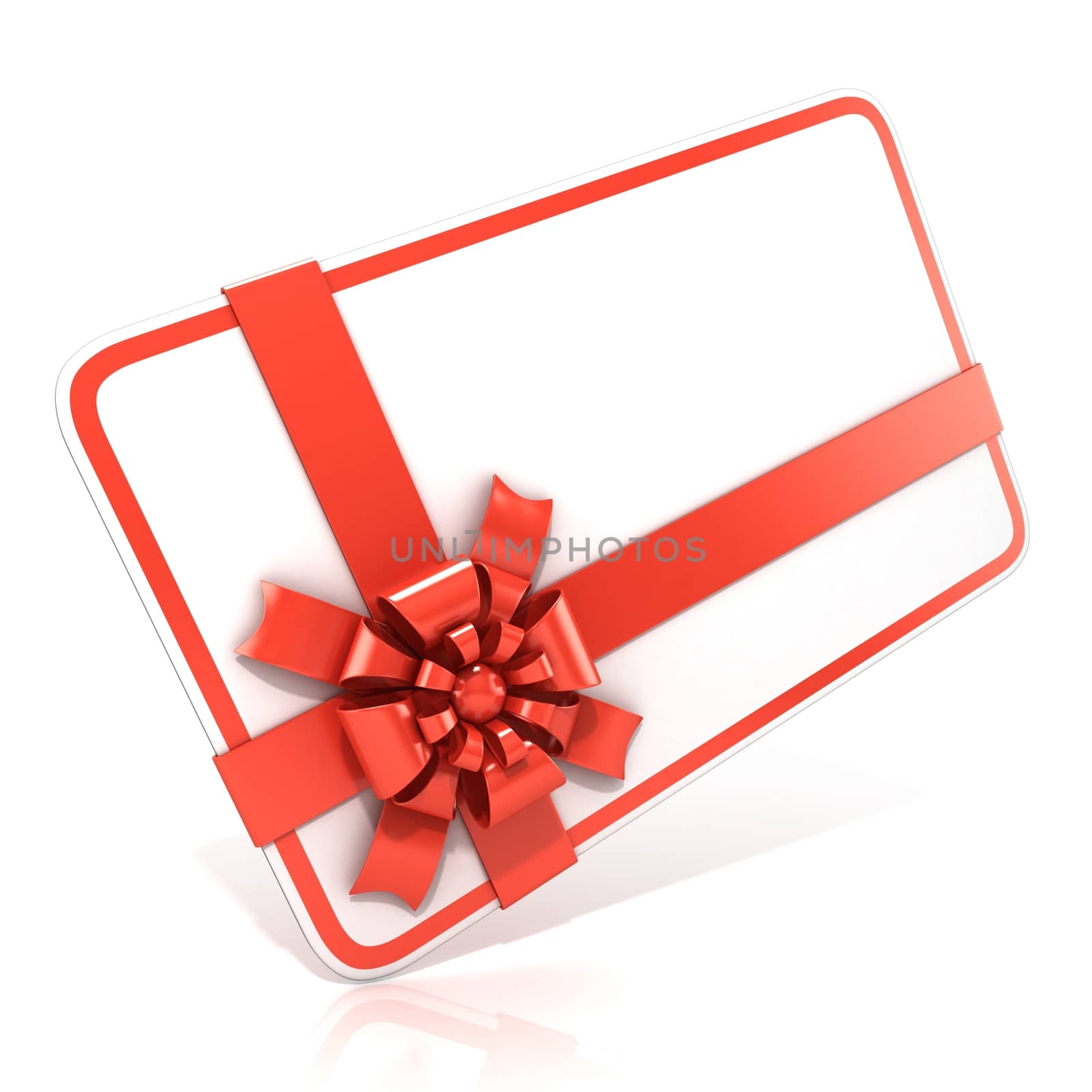White blank gift card, with red ribbon. 3D render illustration isolated on white. Side angled view