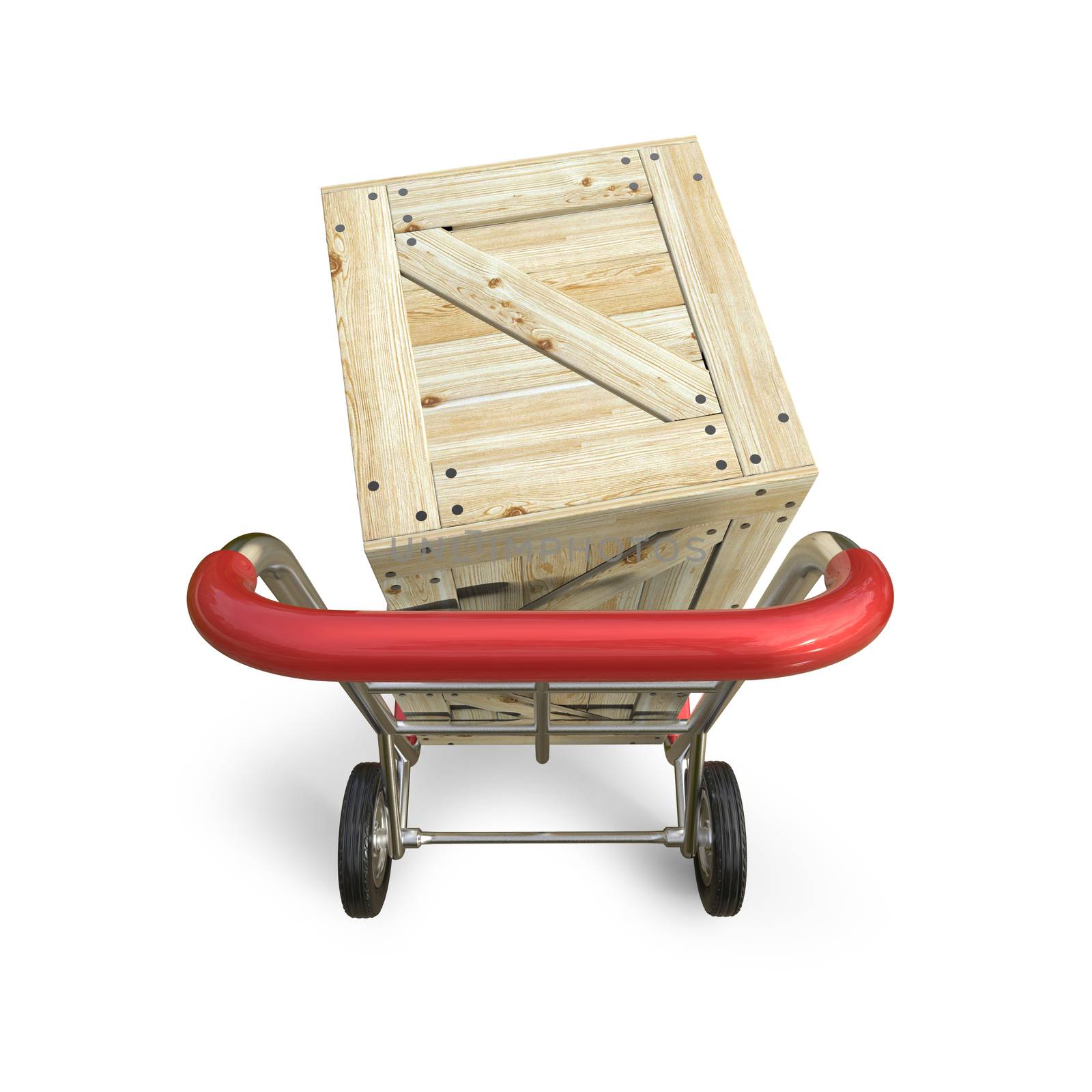 Hand truck with wooden box. Delivery concept. Top view. 3D render illustration isolated on white background