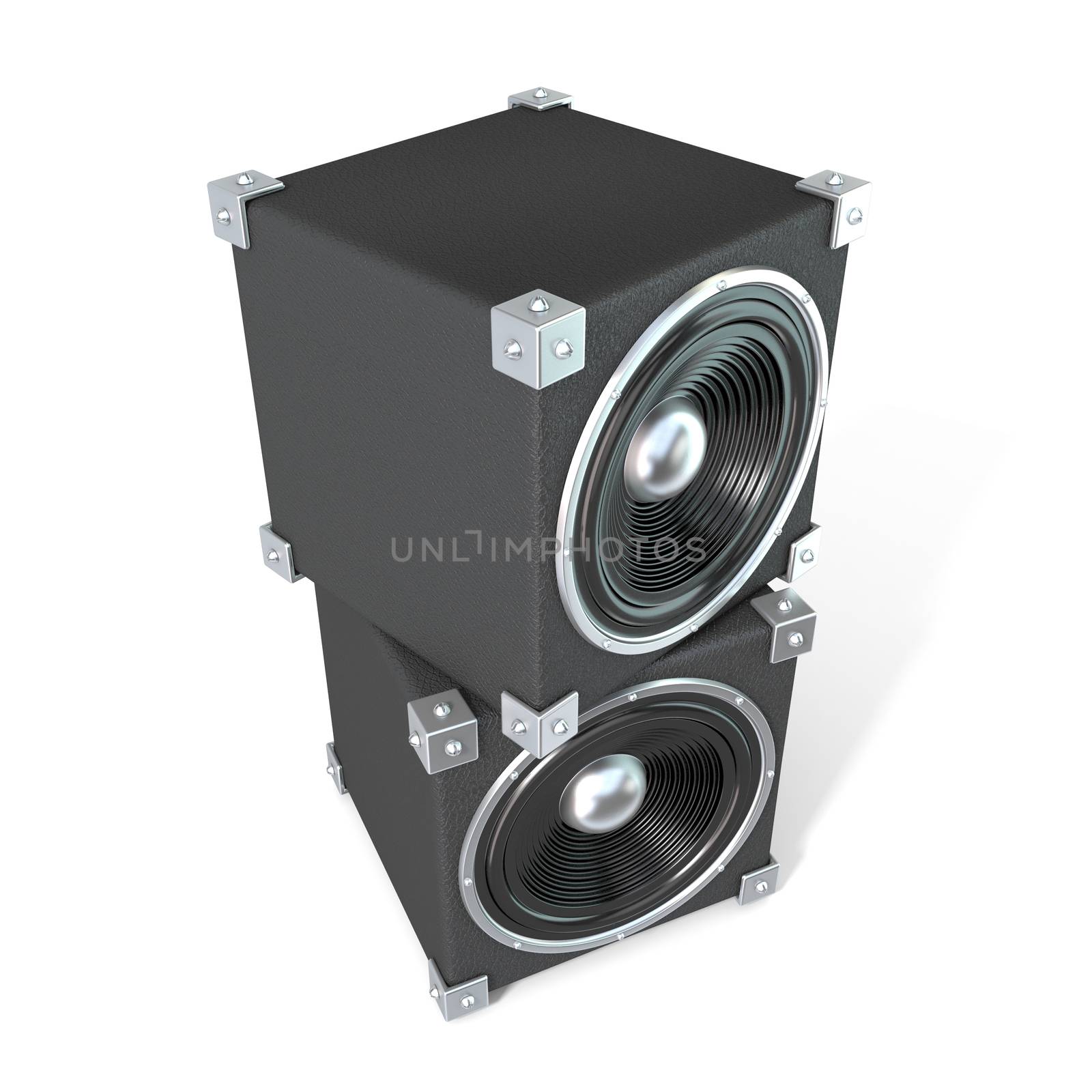 Pair of sound speakers. 3D render illustration isolated on white background. Side view