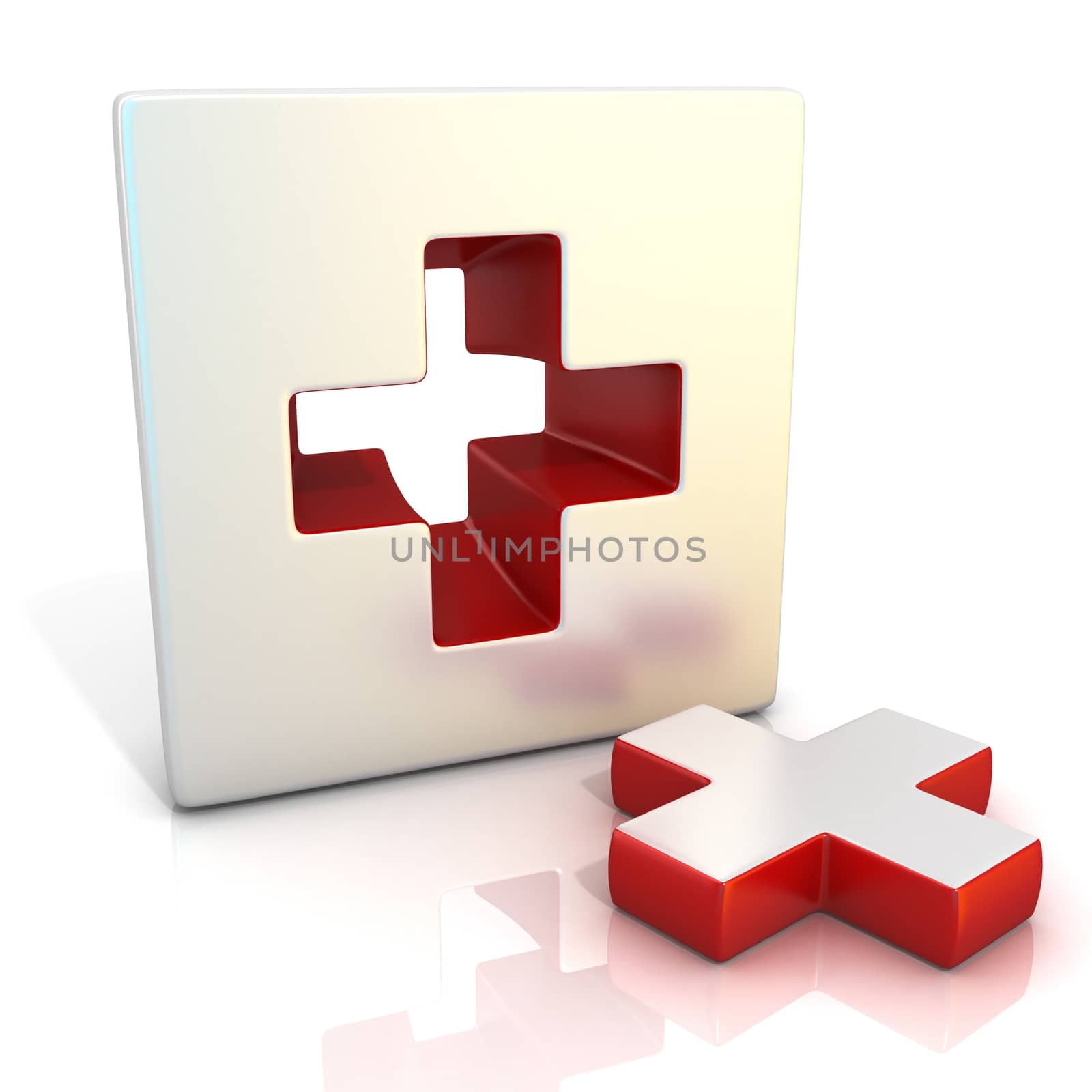 Plus sign. 3D render illustration, isolated on white. Side view