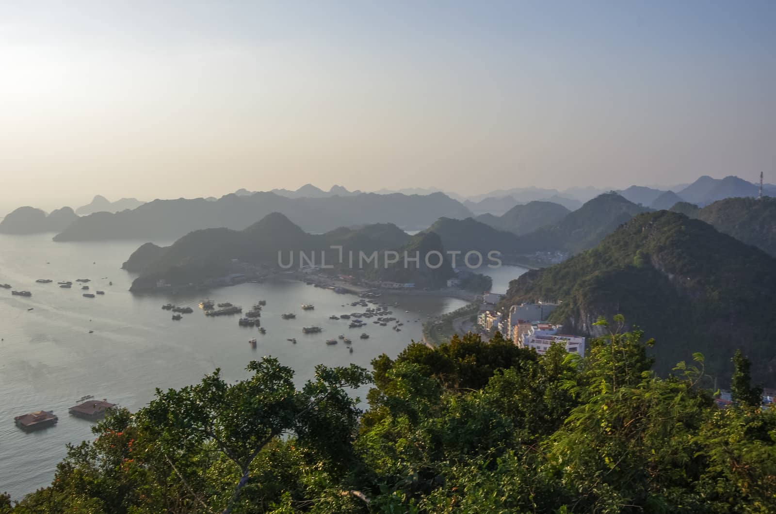Cat Ba town from viewpoint in cannon fort in sunset, Halong Bay, Vietnam