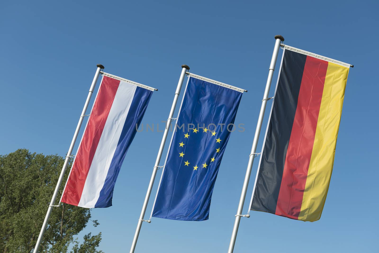 Dutch flag, European Union flag and a German flag in a row
