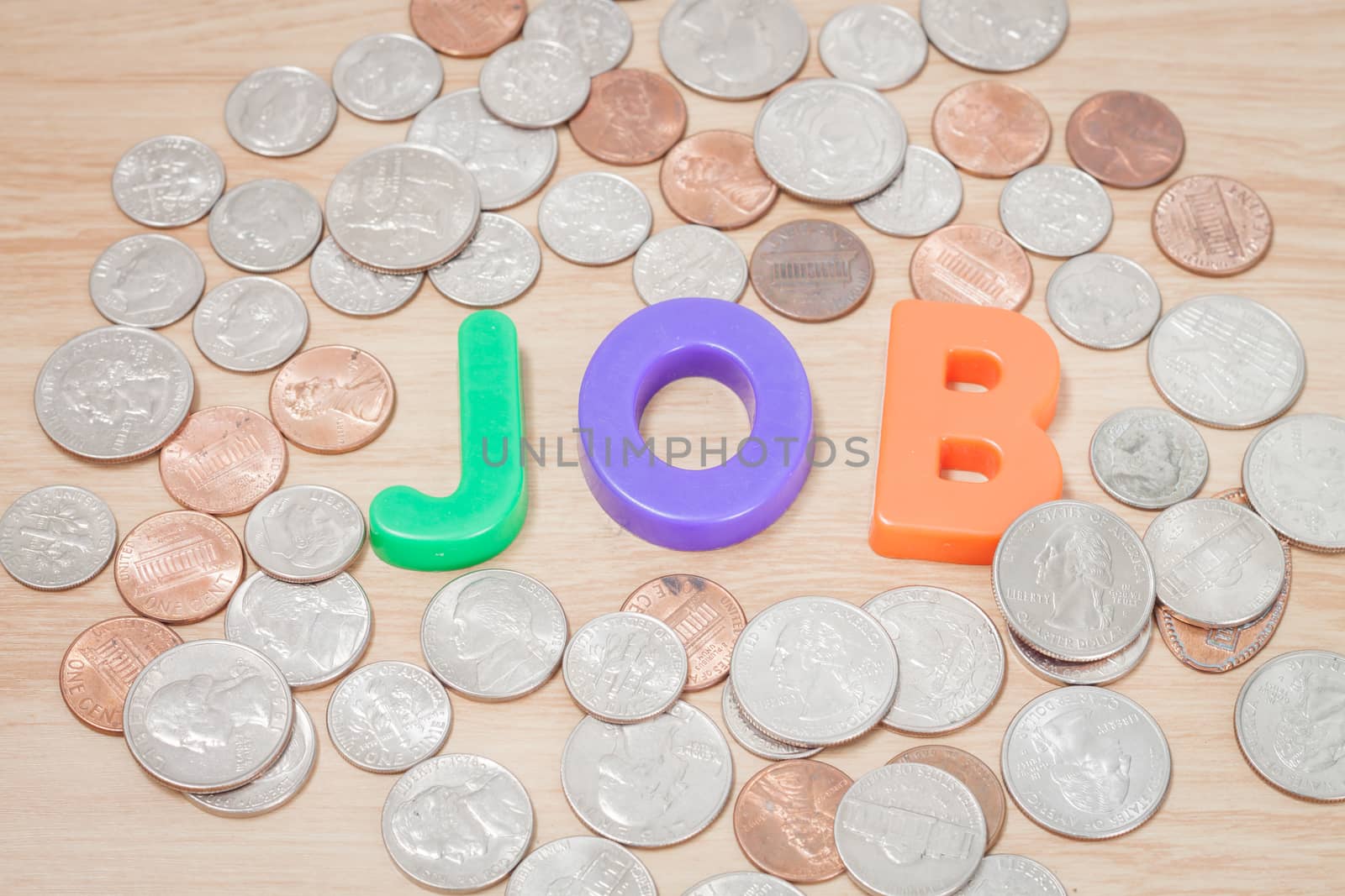 Job alphabet with various US coins, stock photo