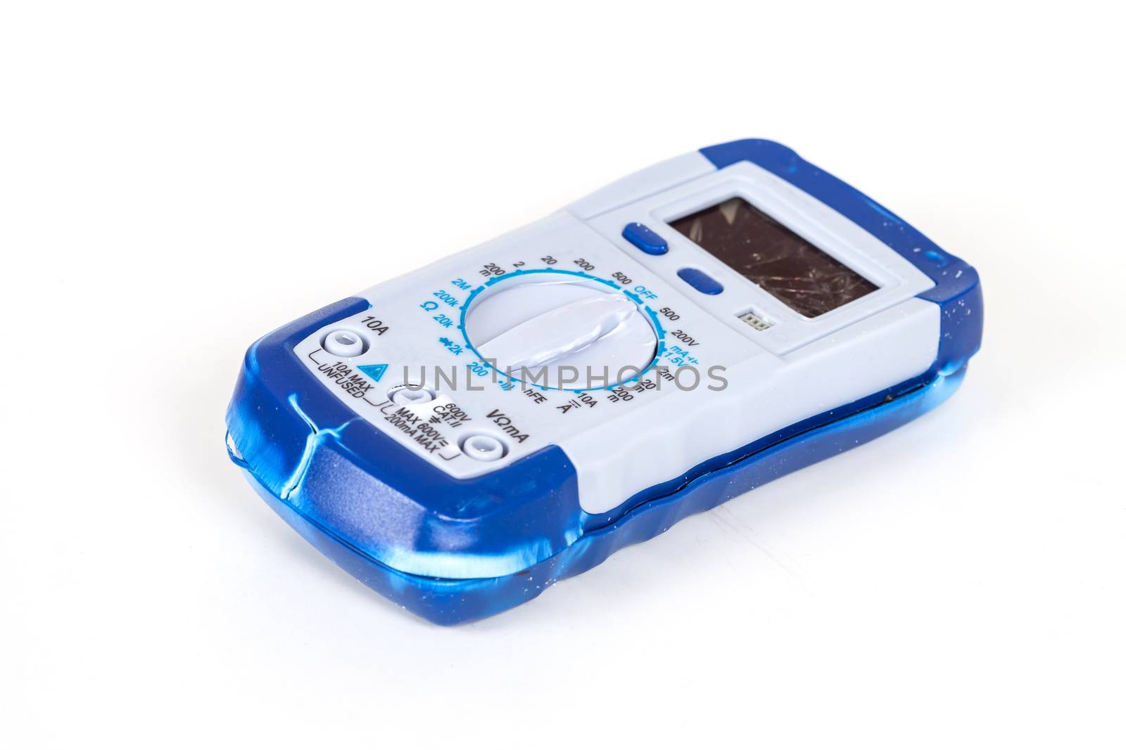 broken Digital multimeter on white background
