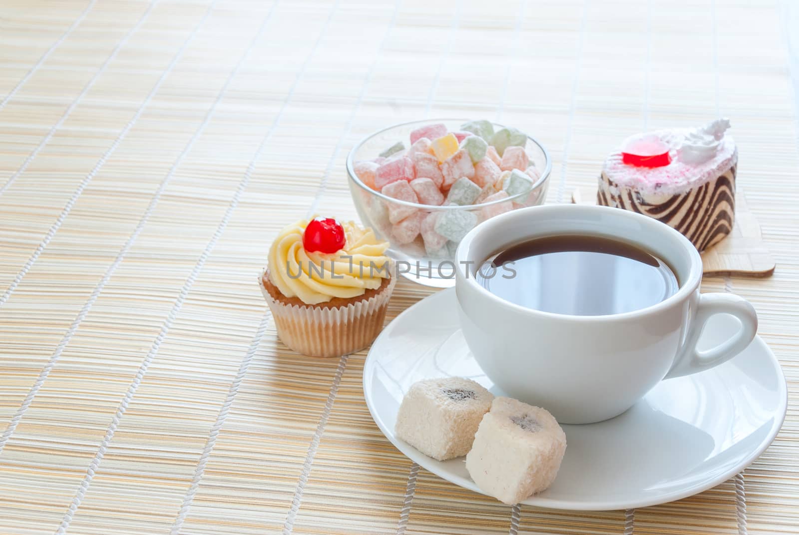 Tea, fresh cherry muffin, colorful delight and various cake, sweet dessert, with place for your text