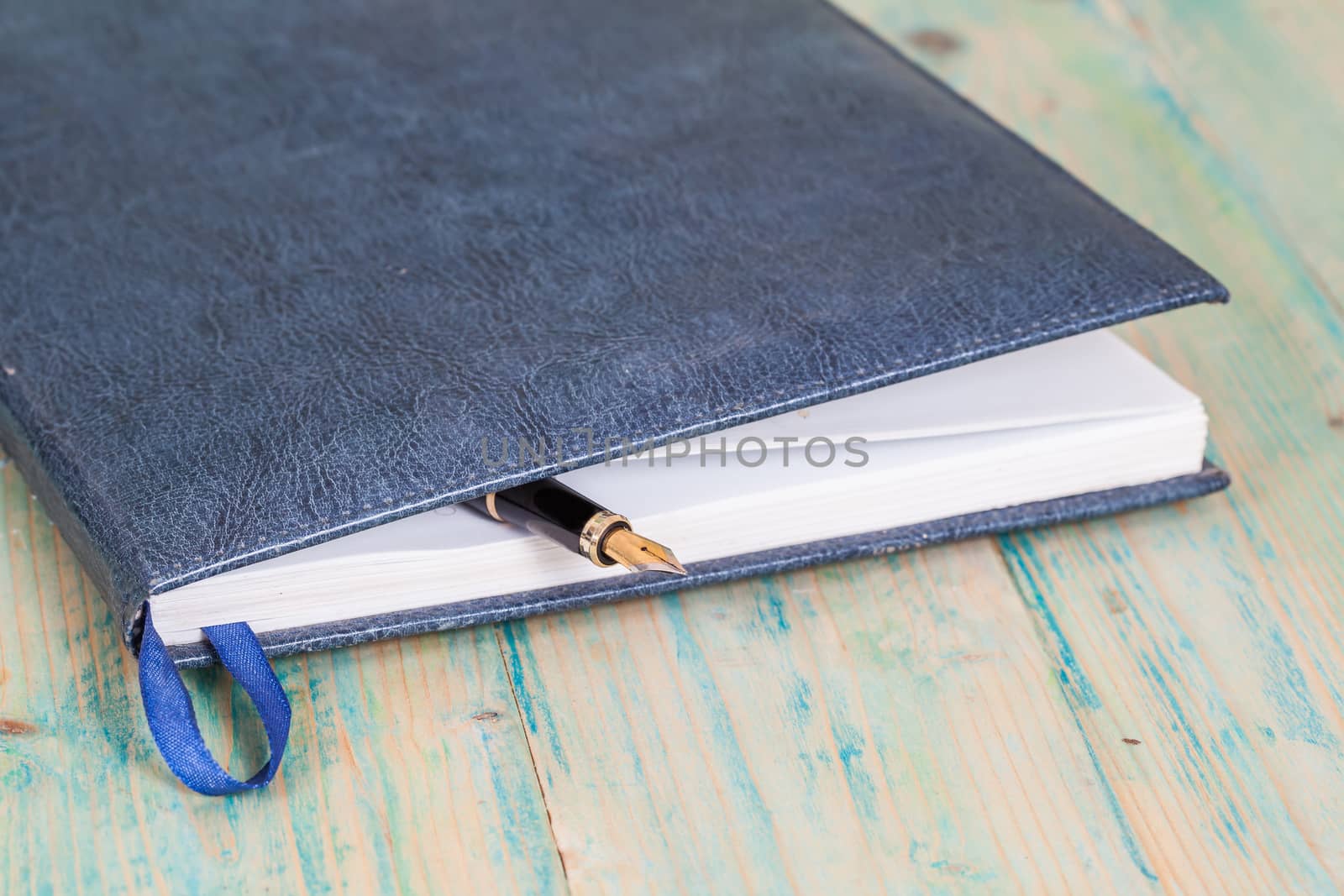 selective focus of the  pen on opened lined diary book , 
extremely shallow DOF
