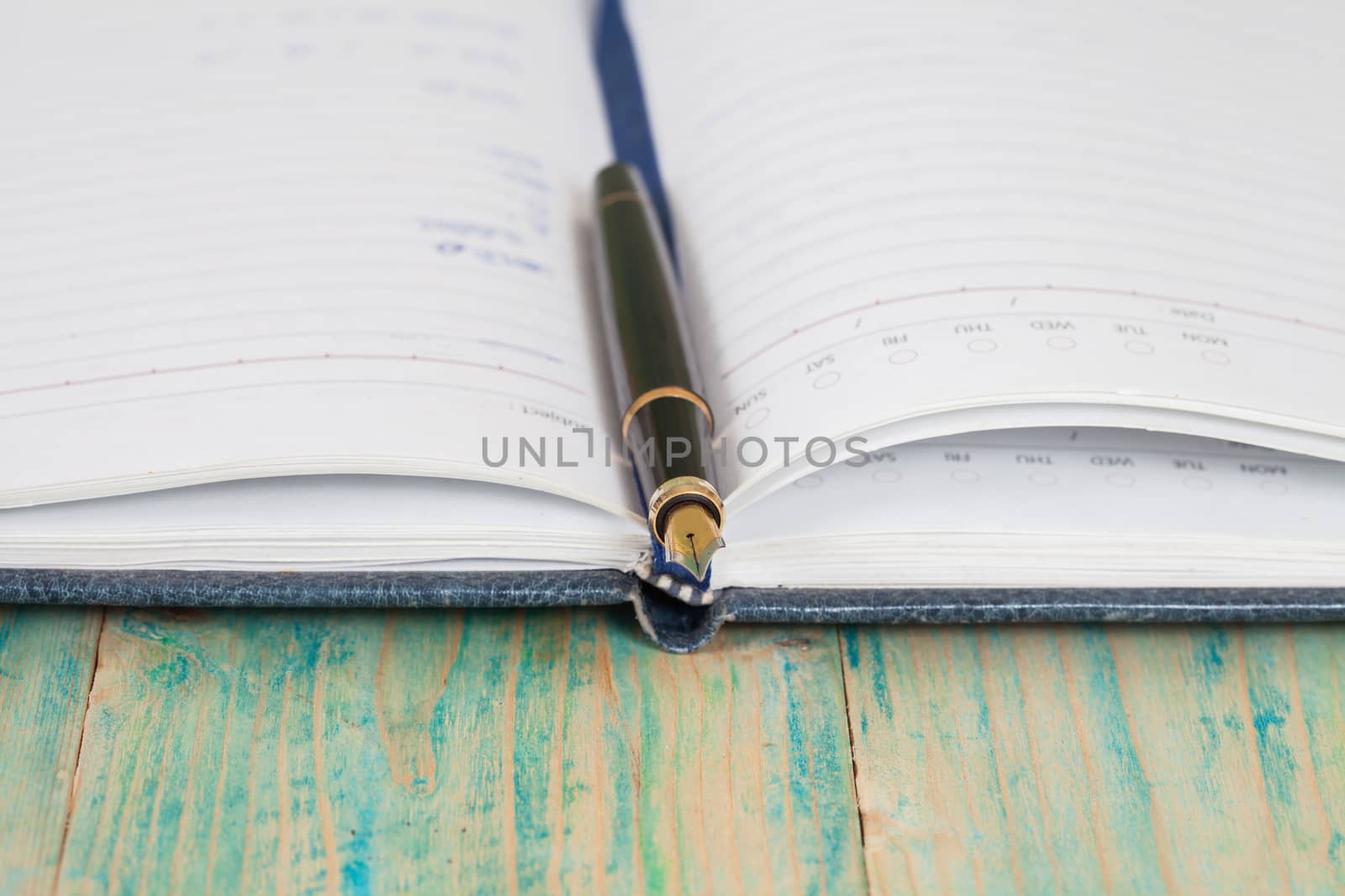 selective focus of the  pen on opened lined diary book , 
extremely shallow DOF