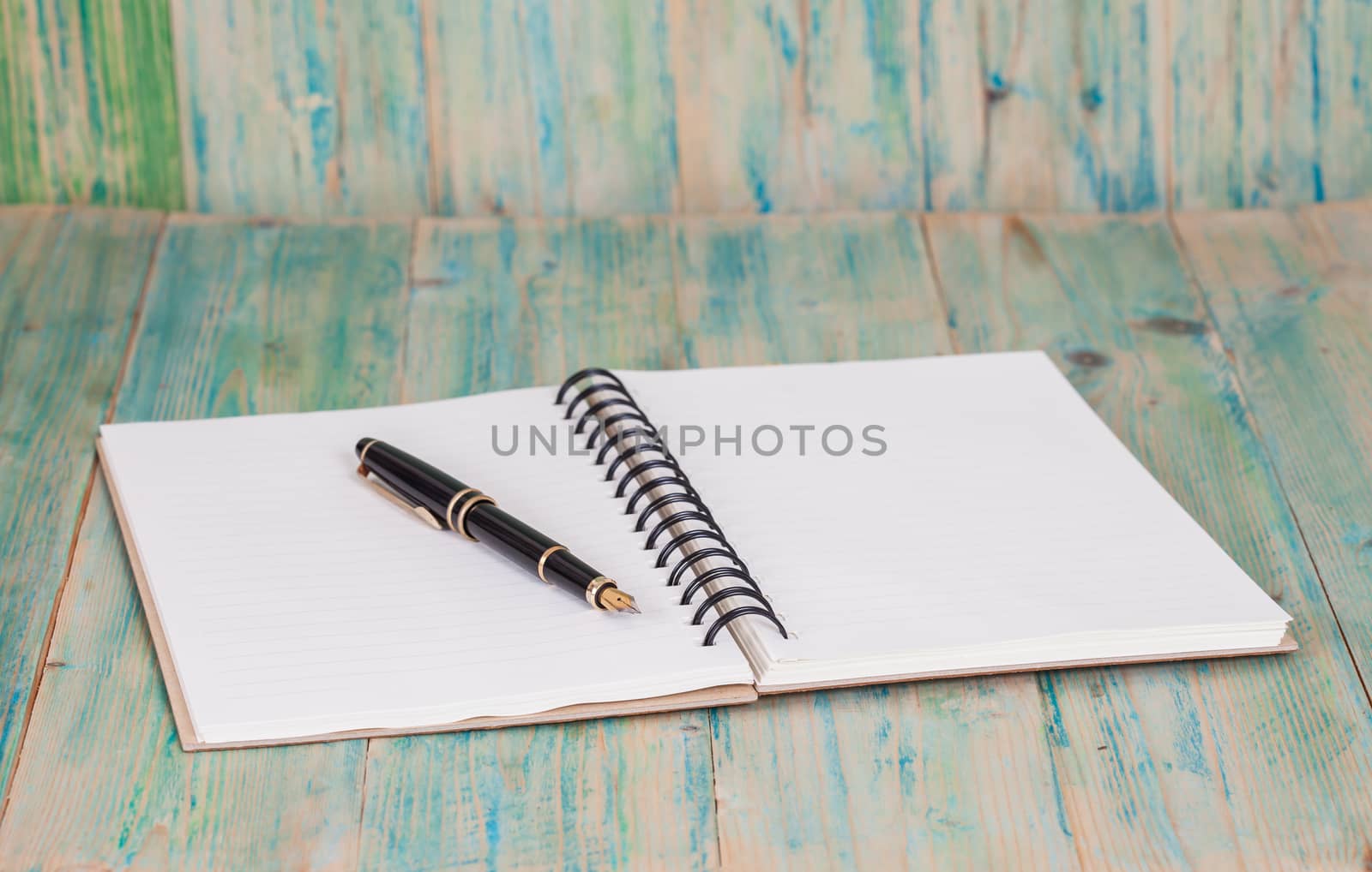 selective focus of the  pen on opened lined diary book , 
extremely shallow DOF
