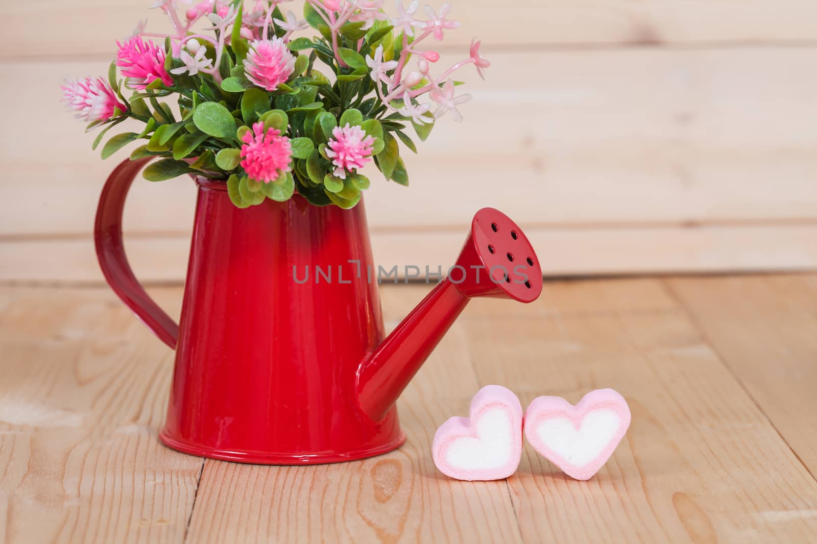 flowers in red watering on wood