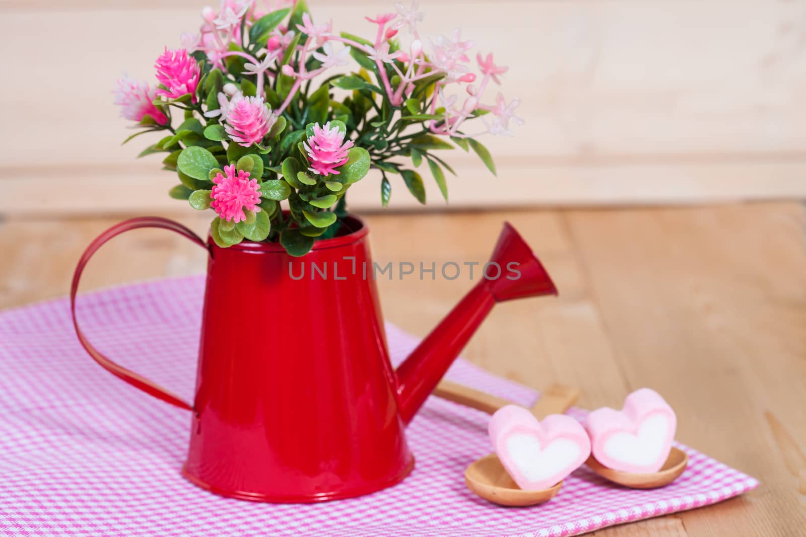 flowers in red watering on wood