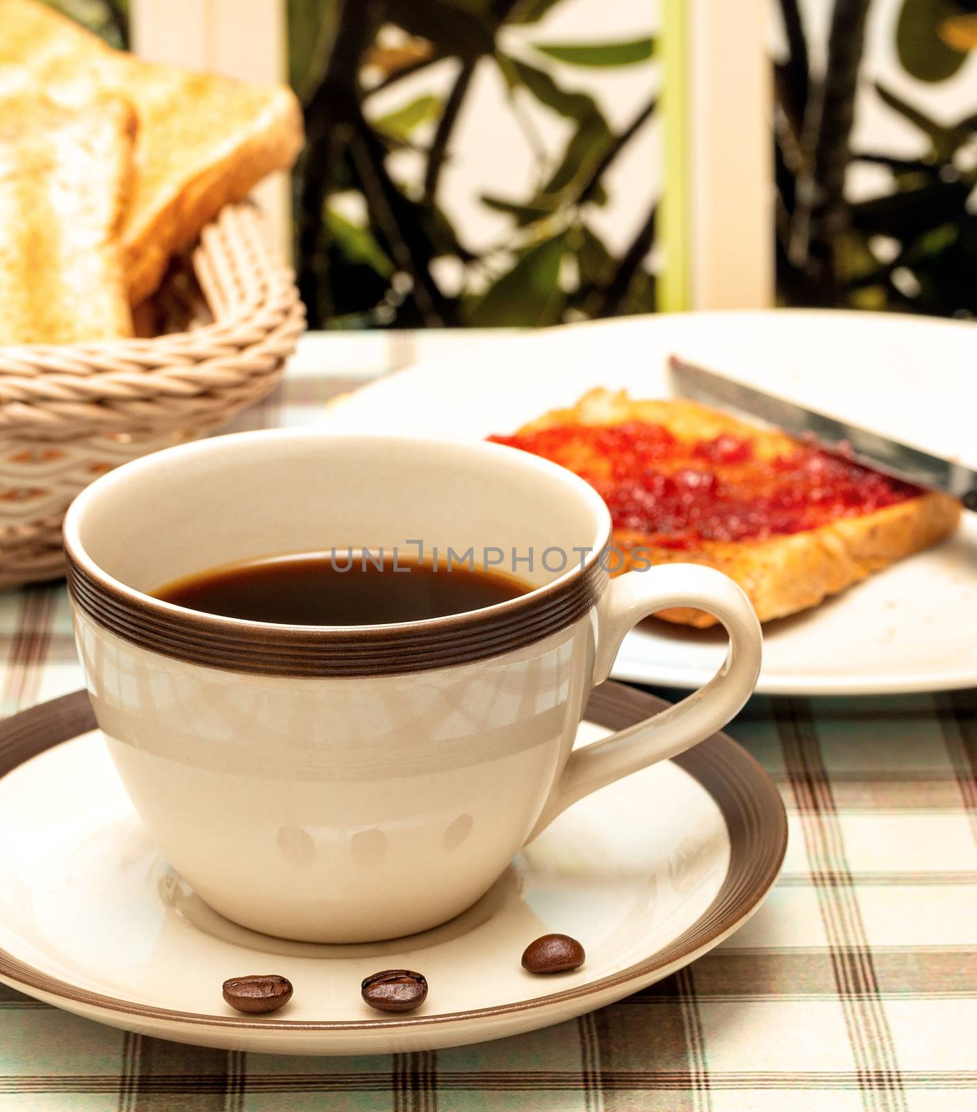 Coffee With Toast Indicating Fruit Preserves And Breakfasts