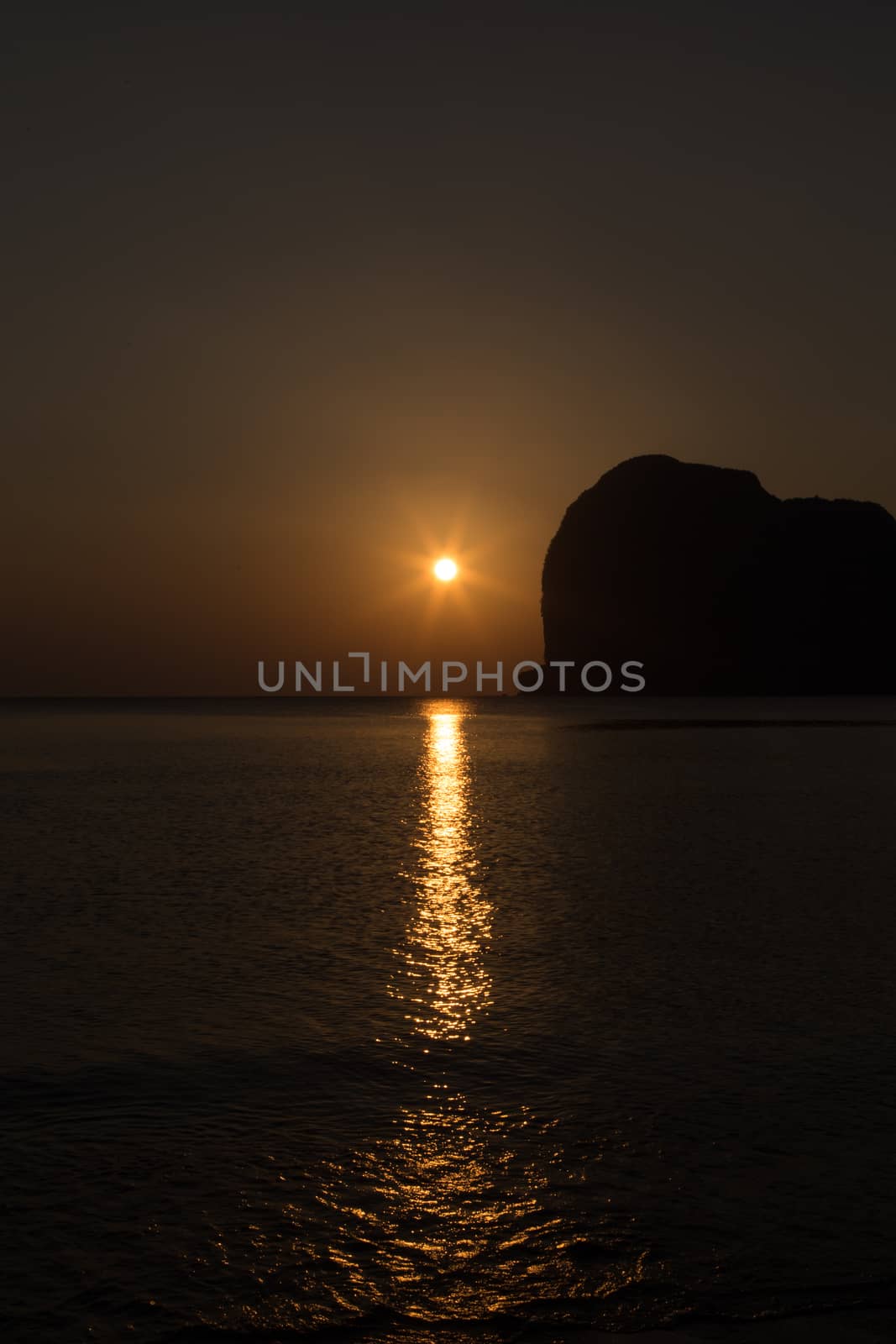 Sunset at Pak-Meng Beach of Trang - Thailand - Meng Mountain look like sleeping women