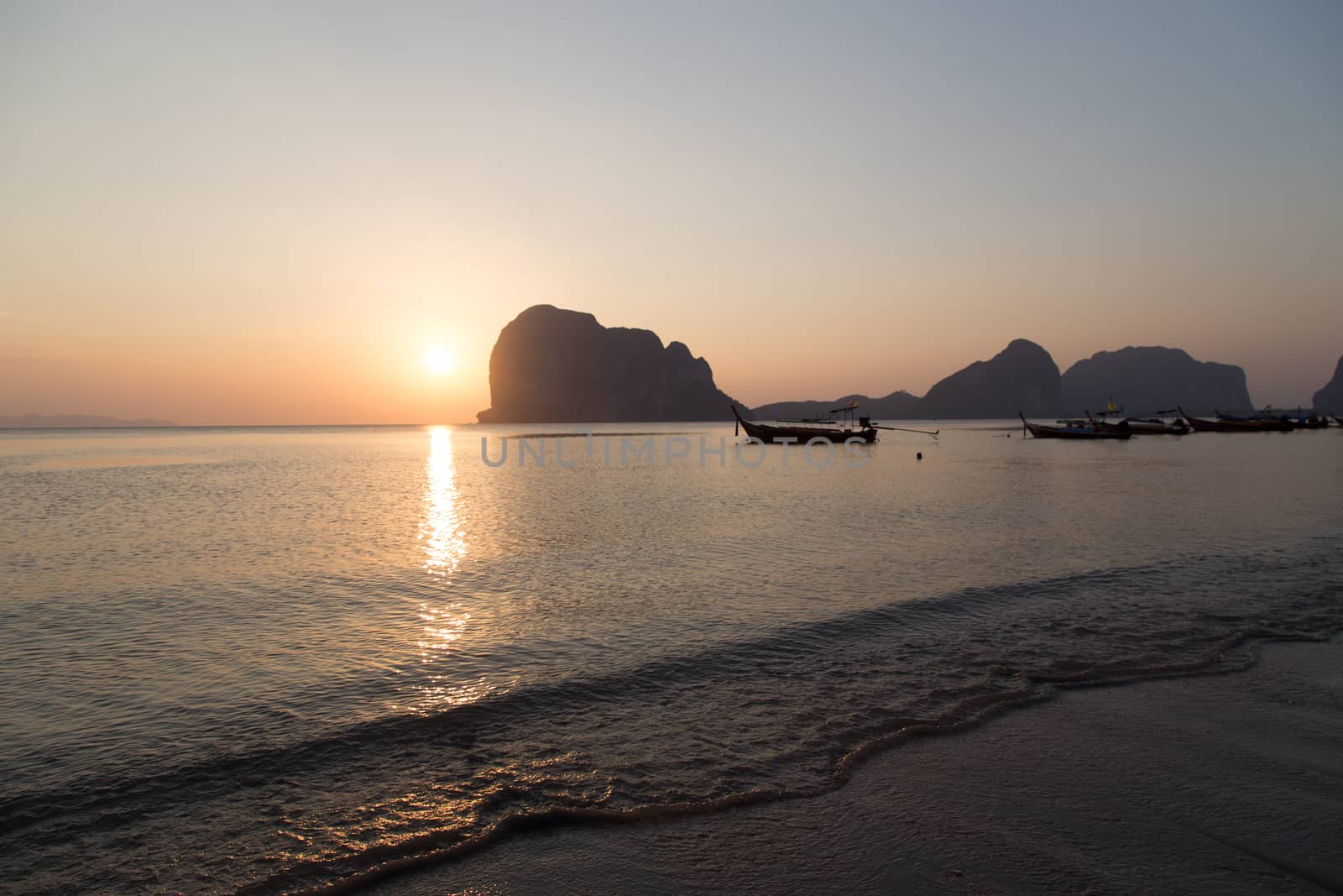 Sunset at Pak-Meng Beach of Trang - Thailand - Meng Mountain look like sleeping women