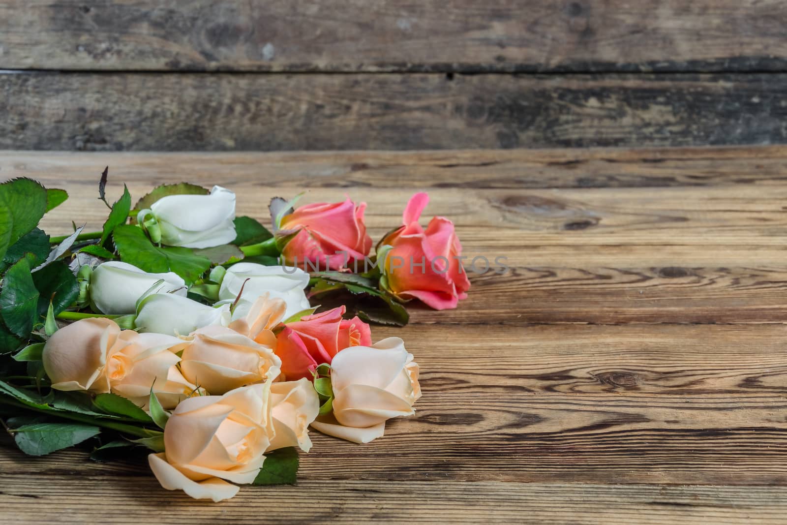 Roses on rustic wooden table