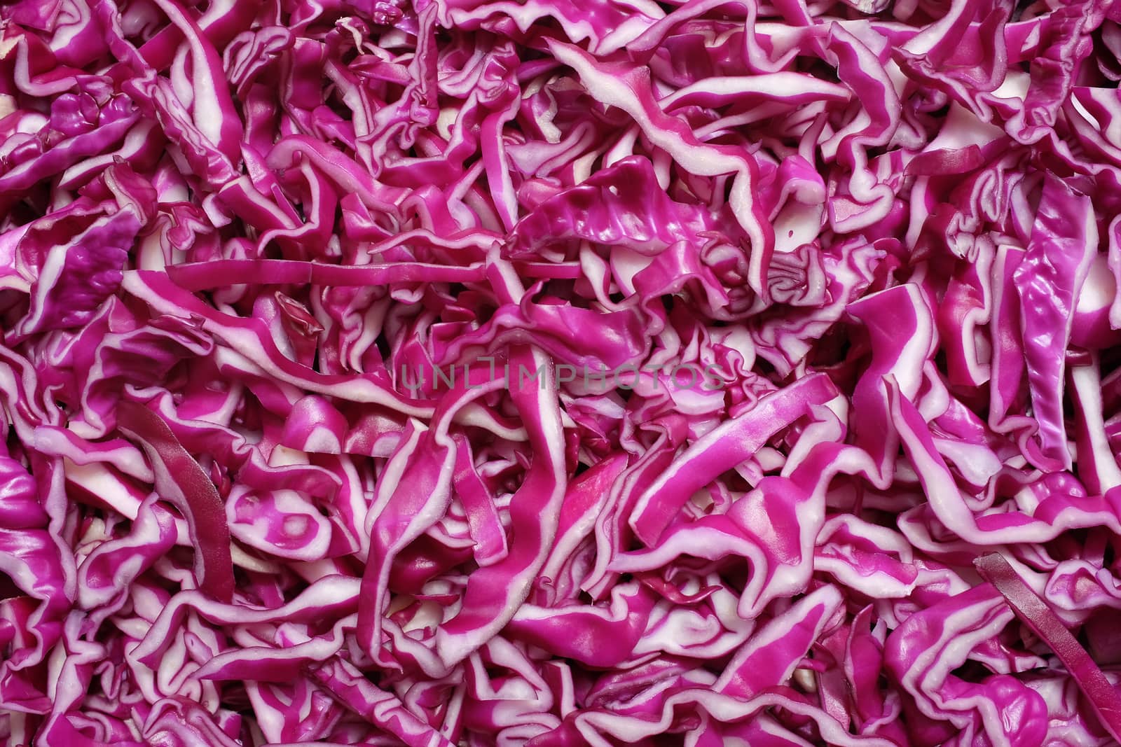 Shredded raw red cabbage as an abstract background texture