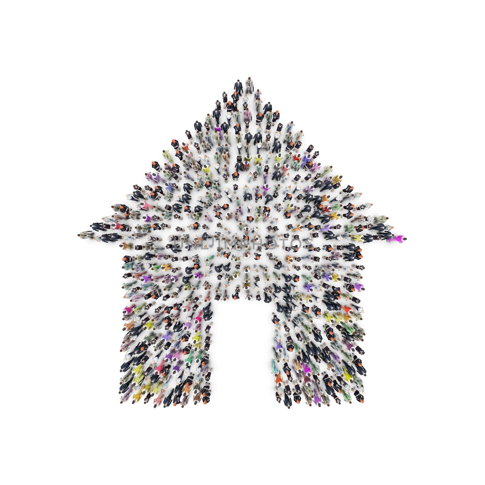 Aerial view of men and women that are grouping in house shape. 3D Rendering
