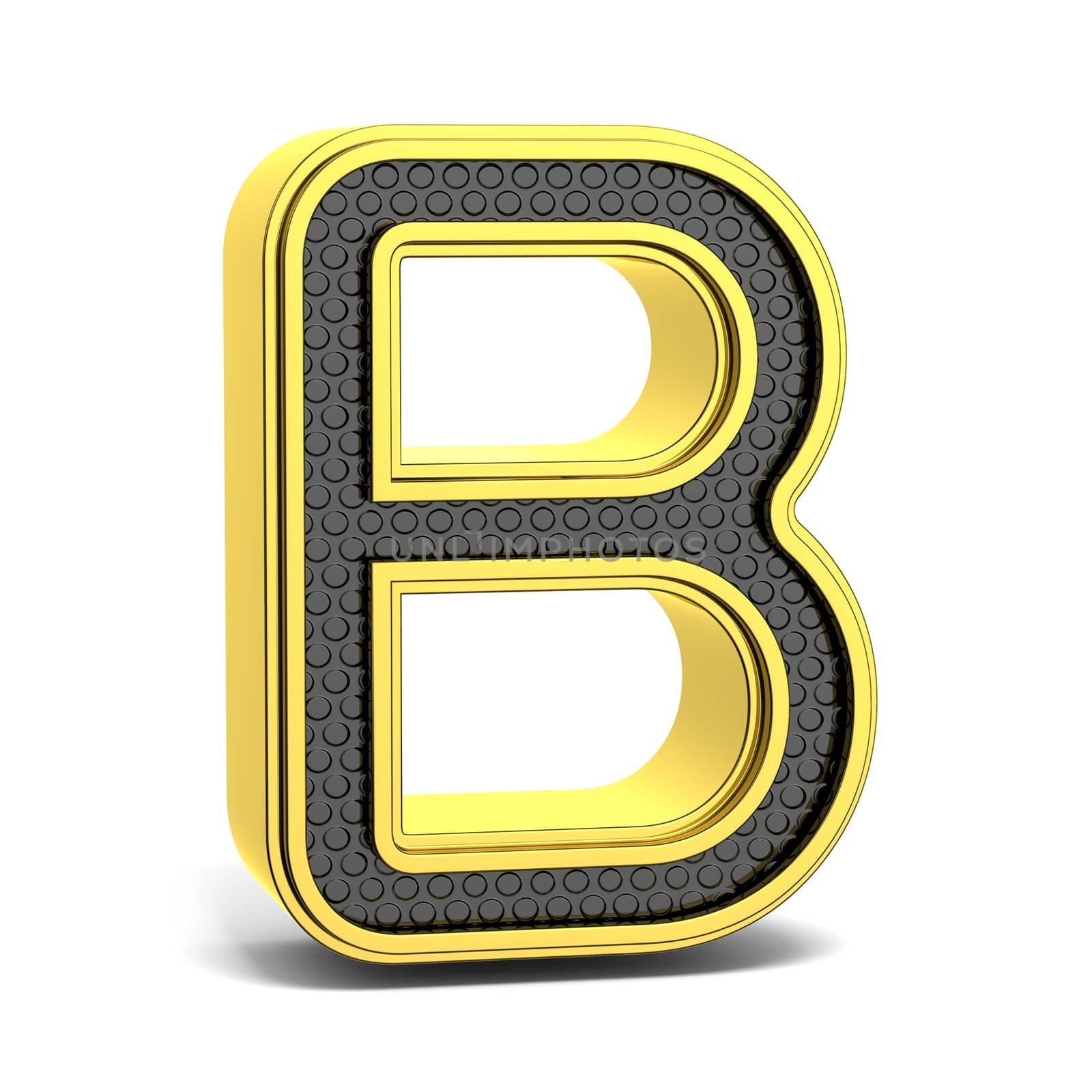 Golden and black round alphabet. Letter B. 3D render illustration isolated on white background with soft shadow
