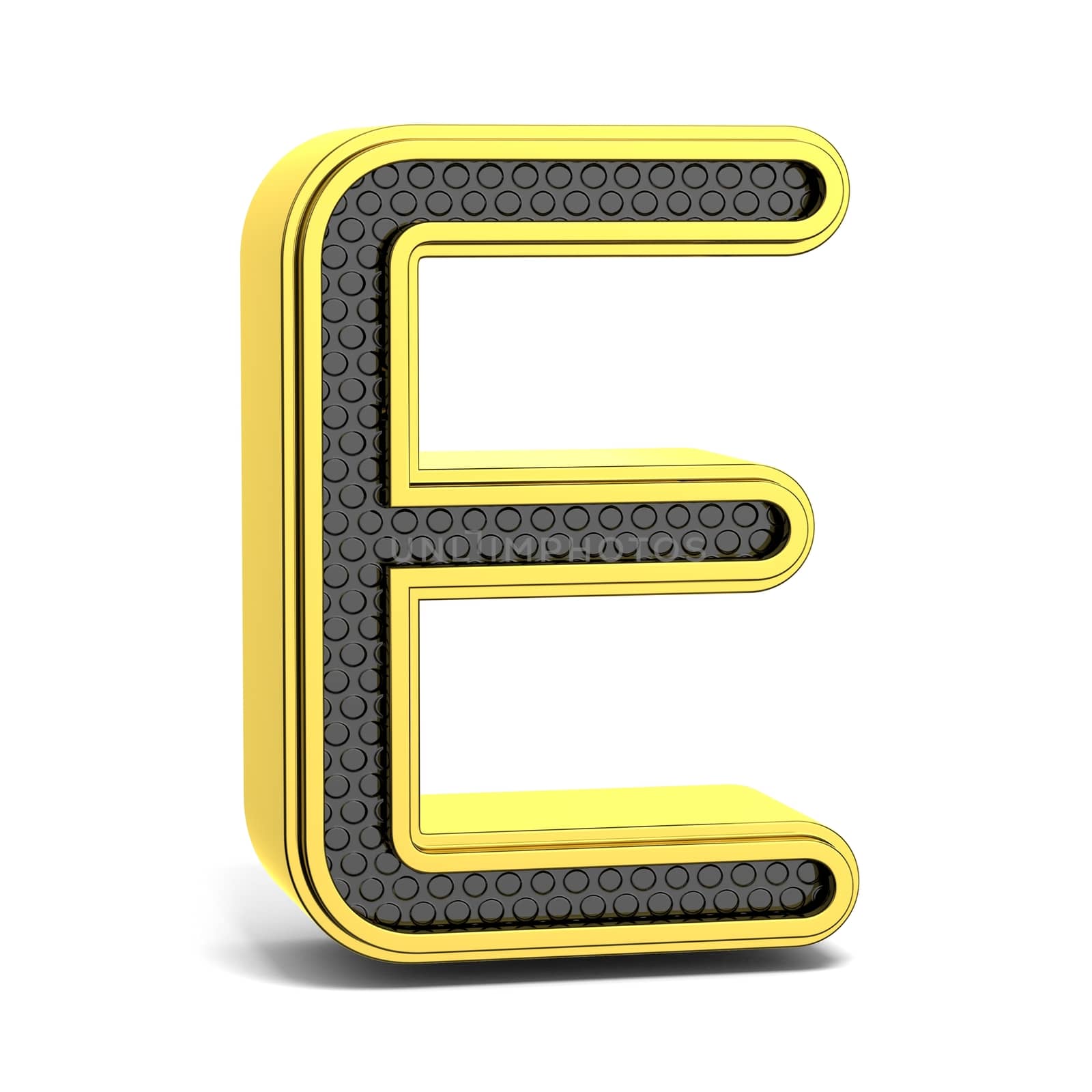 Golden and black round alphabet. Letter E. 3D render illustration isolated on white background with soft shadow