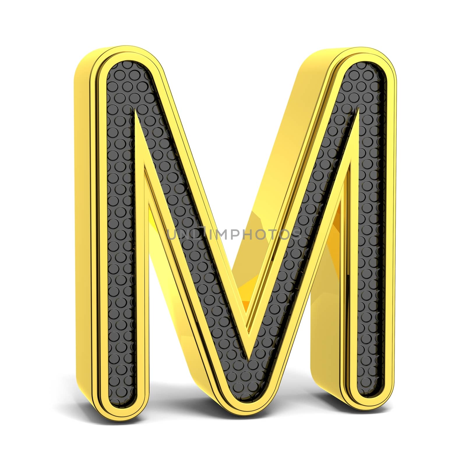 Golden and black round alphabet. Letter M. 3D render illustration isolated on white background with soft shadow