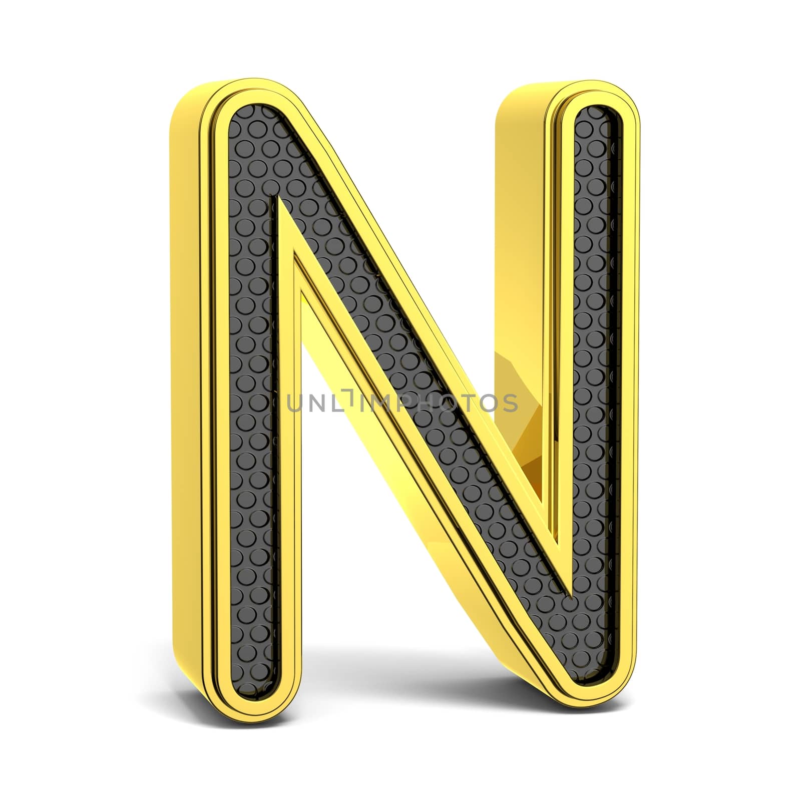 Golden and black round alphabet. Letter N. 3D render illustration isolated on white background with soft shadow