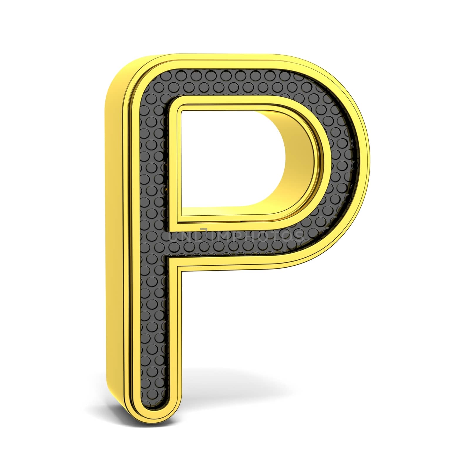 Golden and black round alphabet. Letter P. 3D render illustration isolated on white background with soft shadow