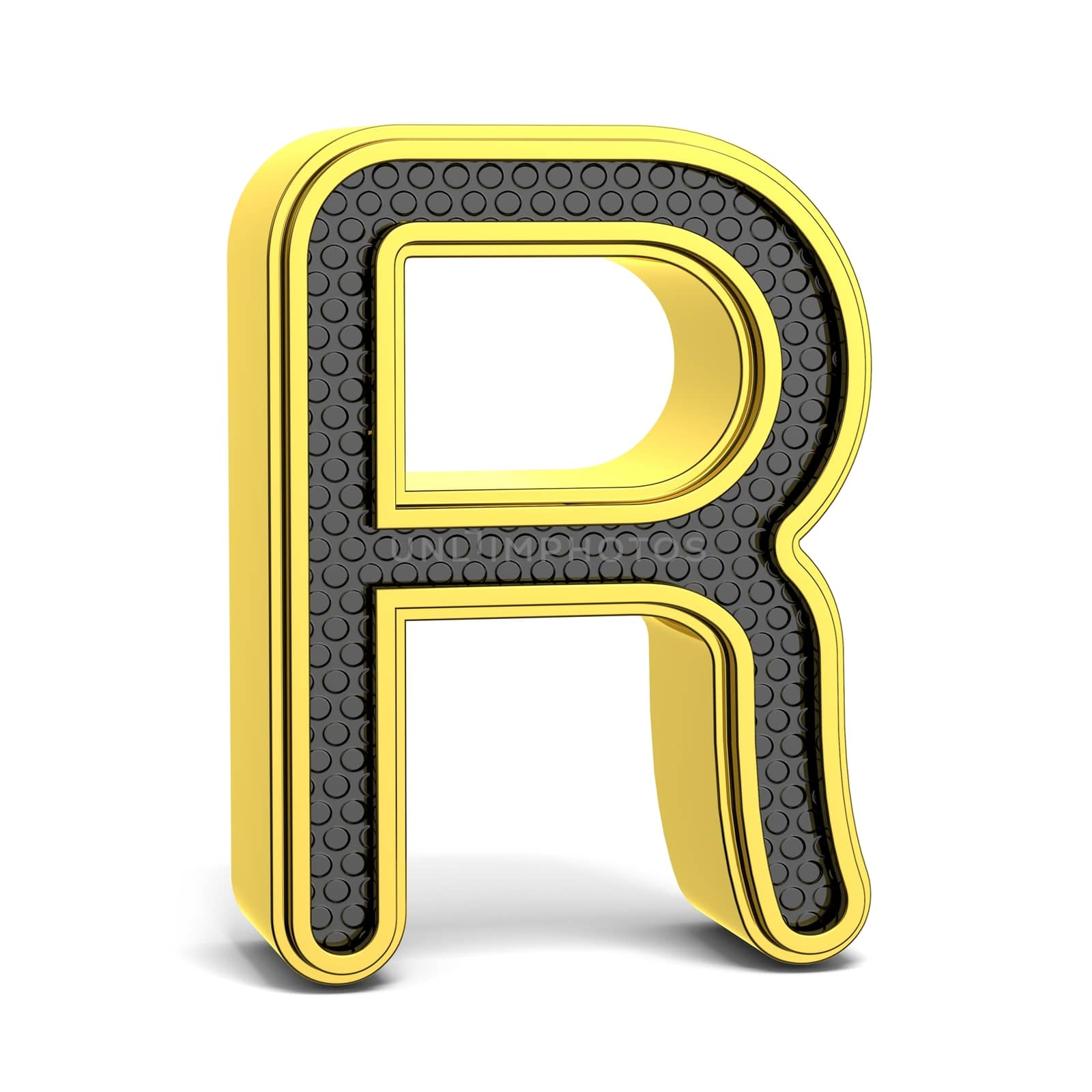 Golden and black round alphabet. Letter R. 3D render illustration isolated on white background with soft shadow