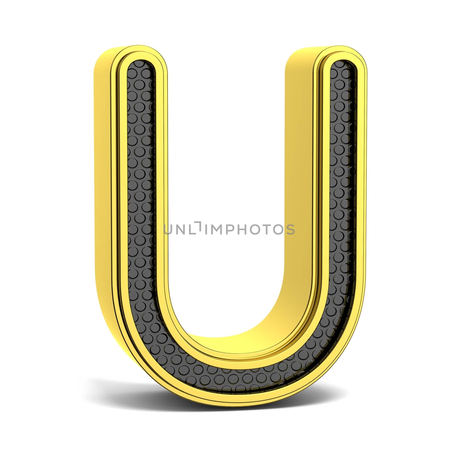 Golden and black round alphabet. Letter U. 3D render illustration isolated on white background with soft shadow