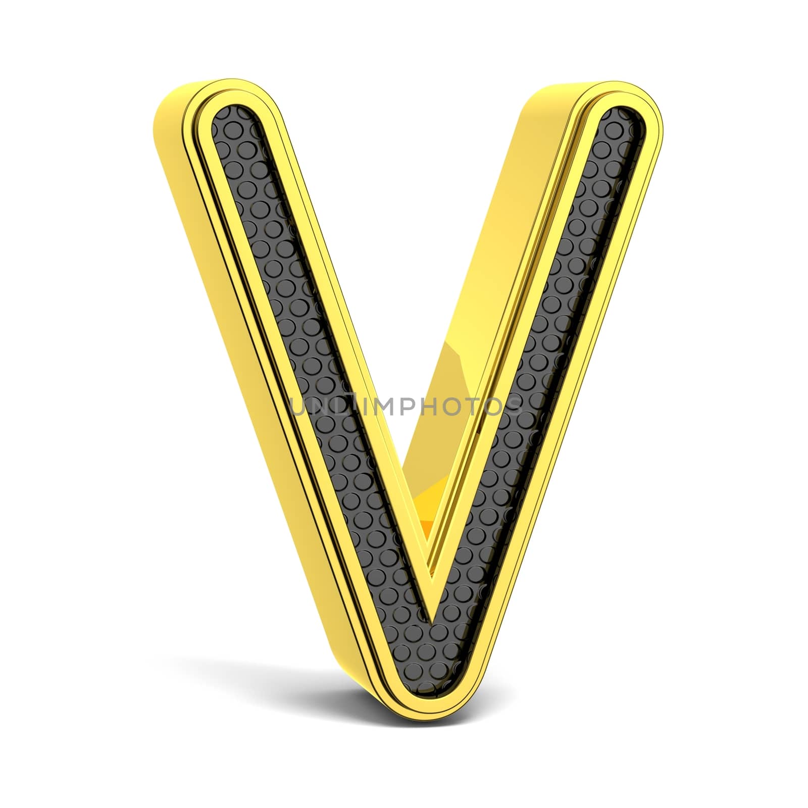 Golden and black round alphabet. Letter V. 3D render illustration isolated on white background with soft shadow