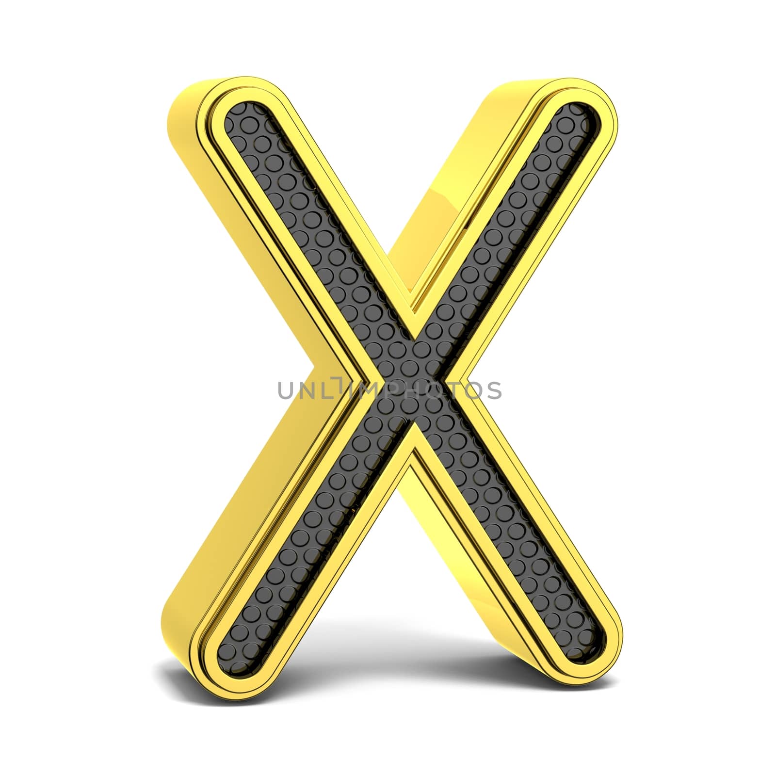 Golden and black round alphabet. Letter X. 3D render illustration isolated on white background with soft shadow