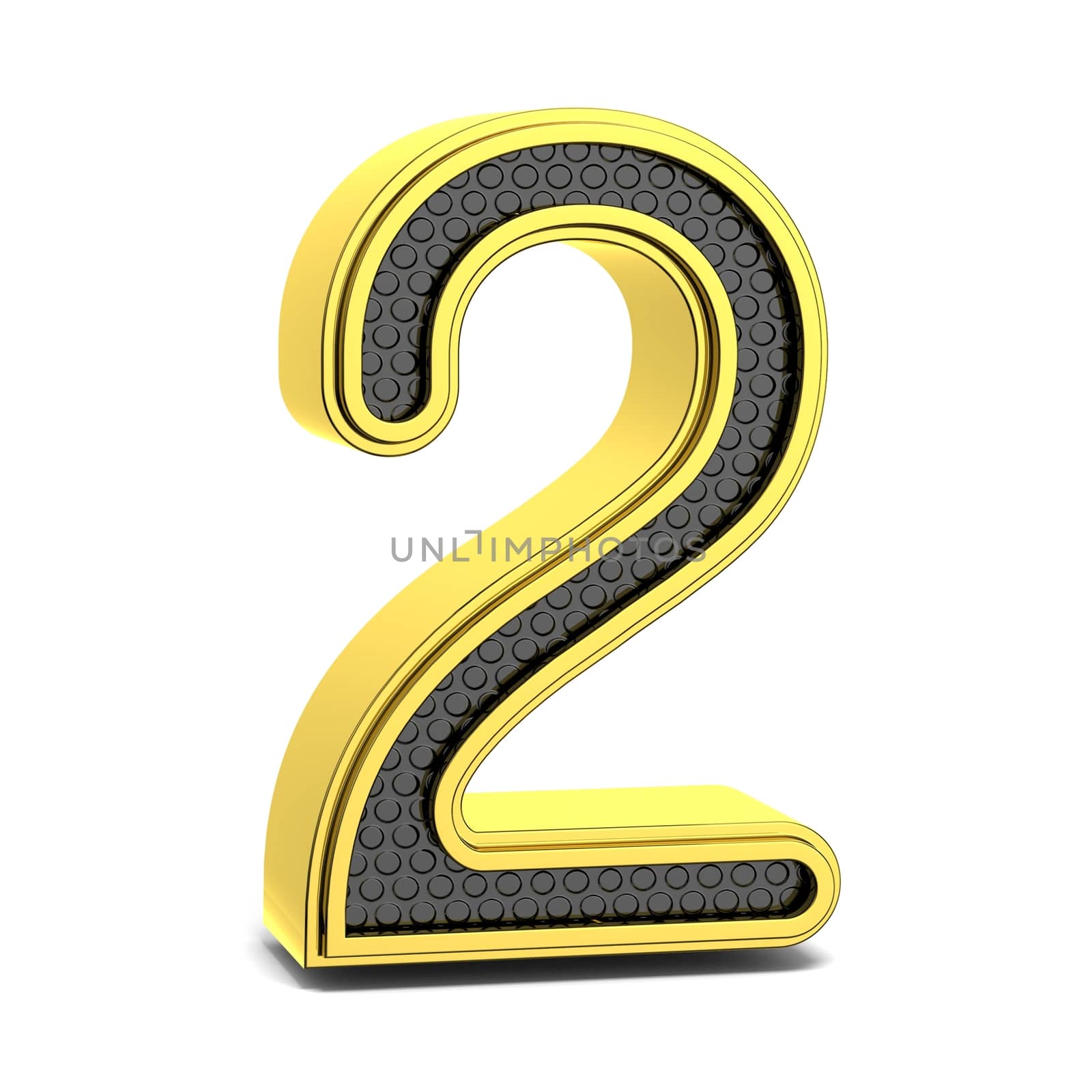 Golden and black round font. Number 2. 3D render illustration isolated on white background with soft shadow