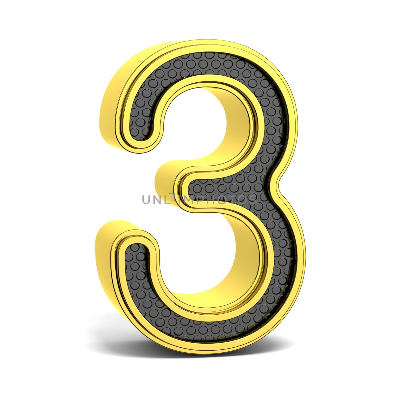 Golden and black round font. Number 3. 3D render illustration isolated on white background with soft shadow