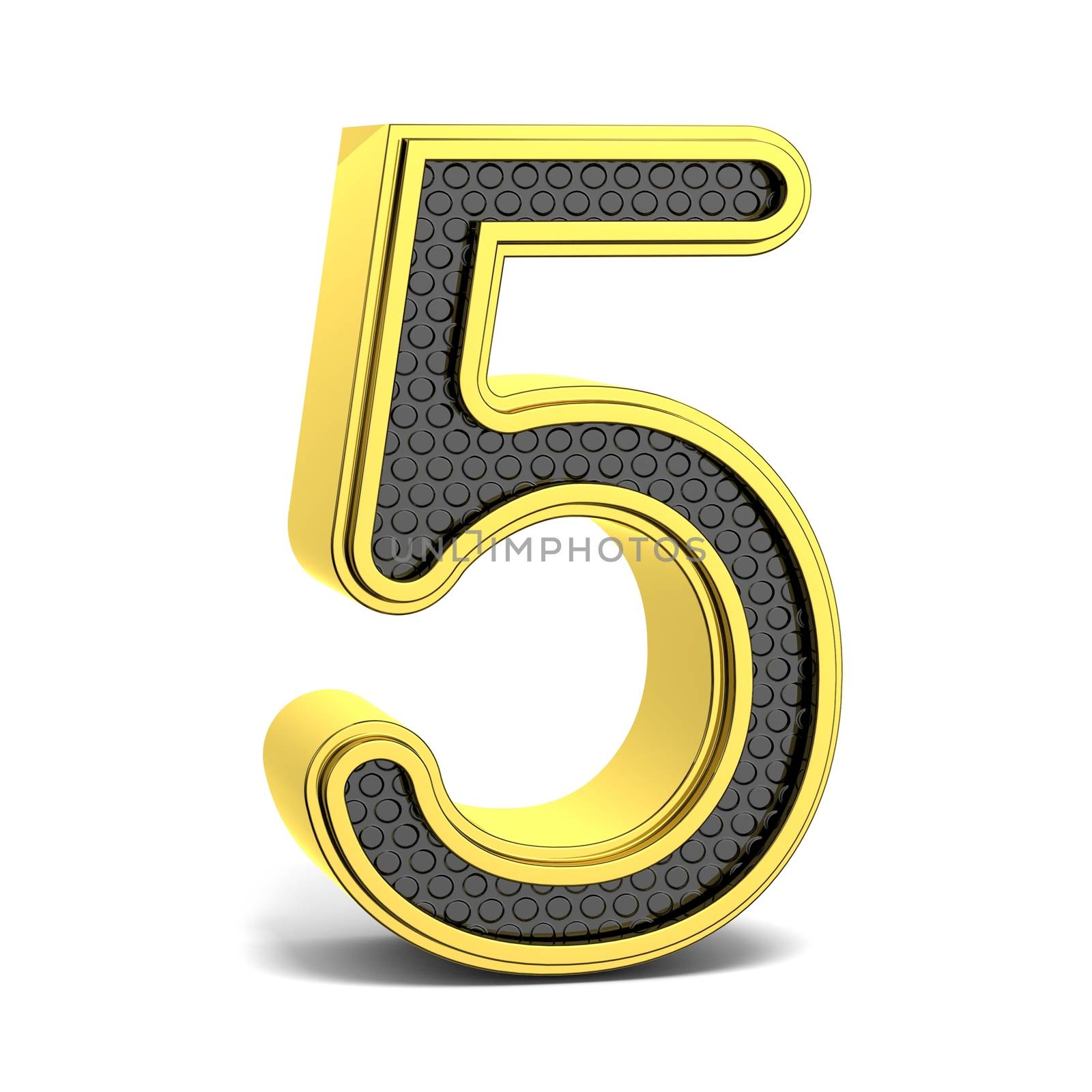Golden and black round font. Number 5. 3D render illustration isolated on white background with soft shadow