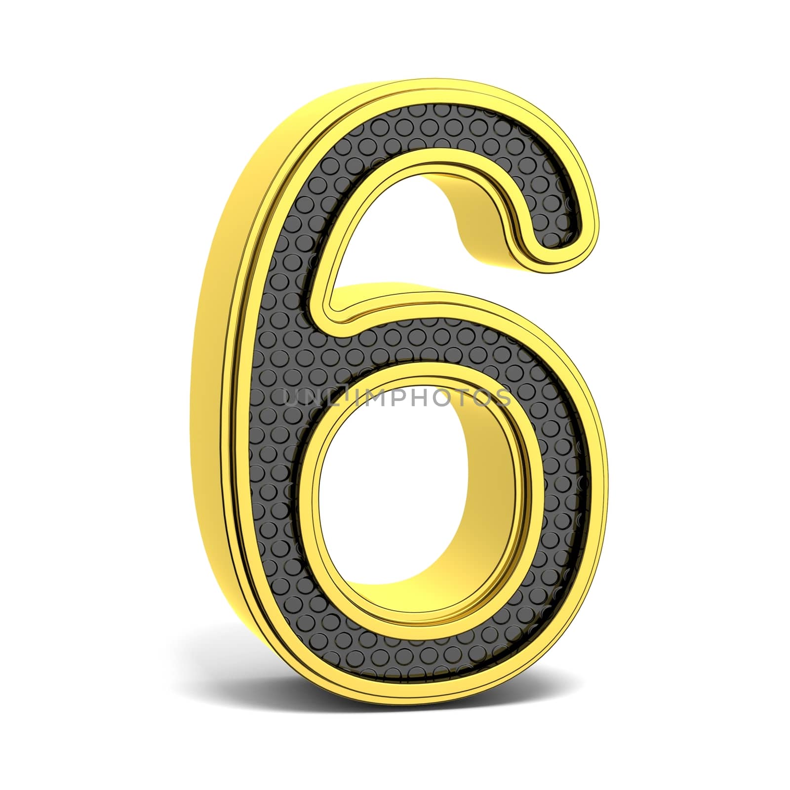 Golden and black round font. Number 6. 3D render illustration isolated on white background with soft shadow