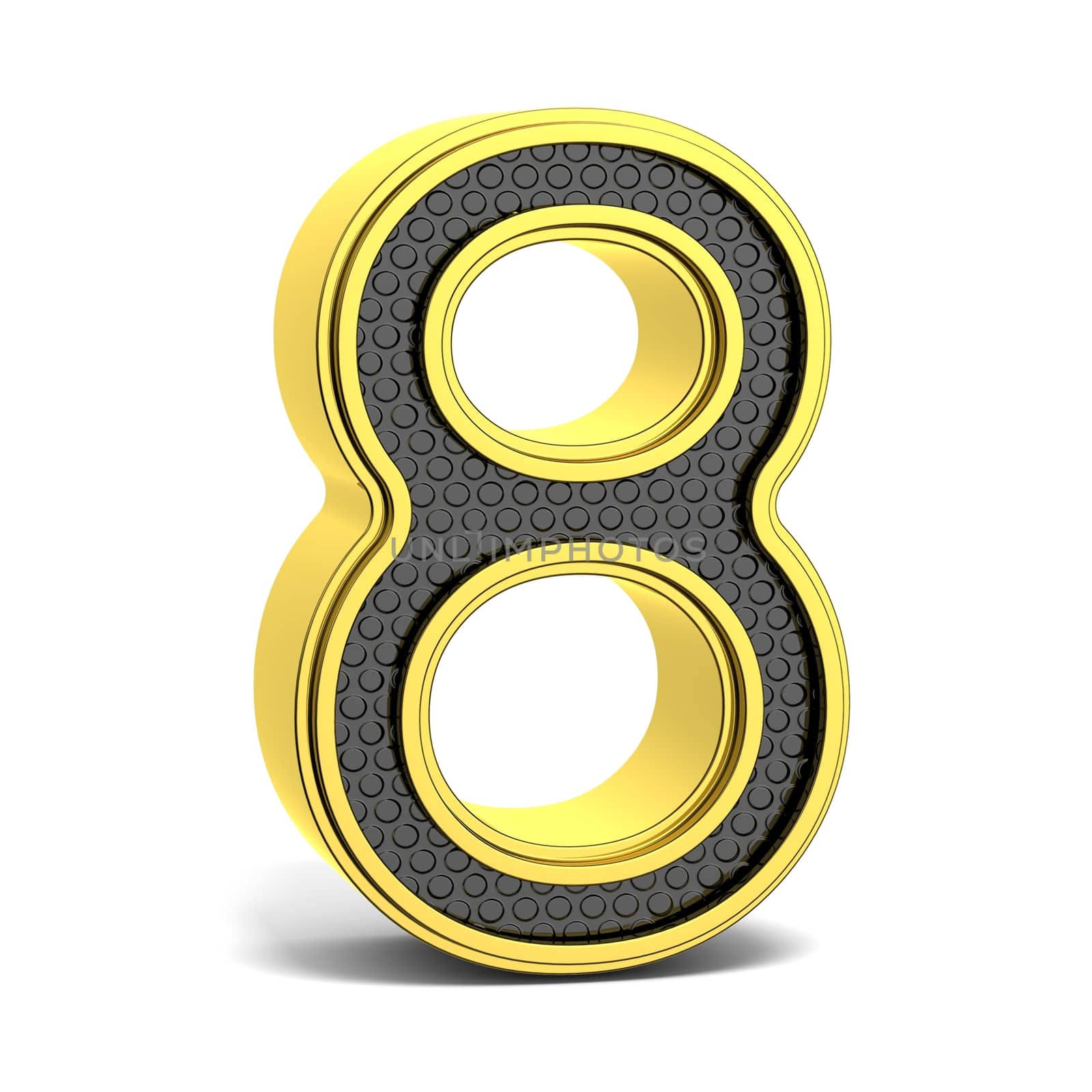 Golden and black round font. Number 8. 3D render illustration isolated on white background with soft shadow