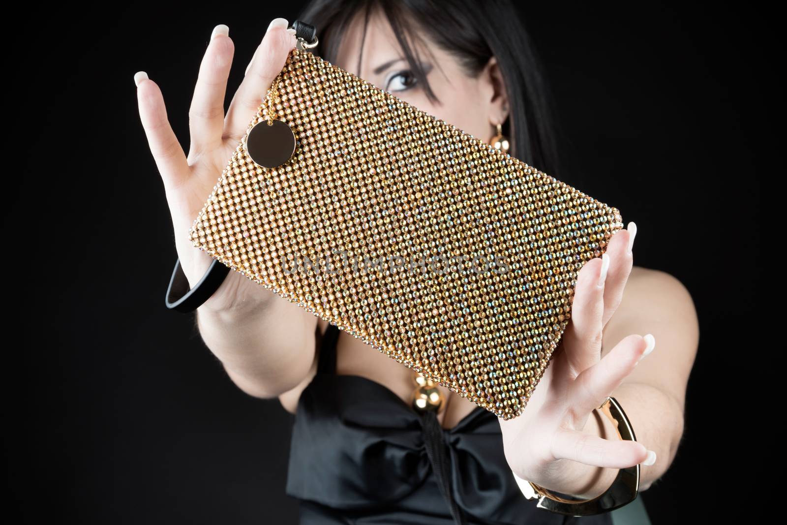 Attractive woman with her Jewelry bag. Close up 