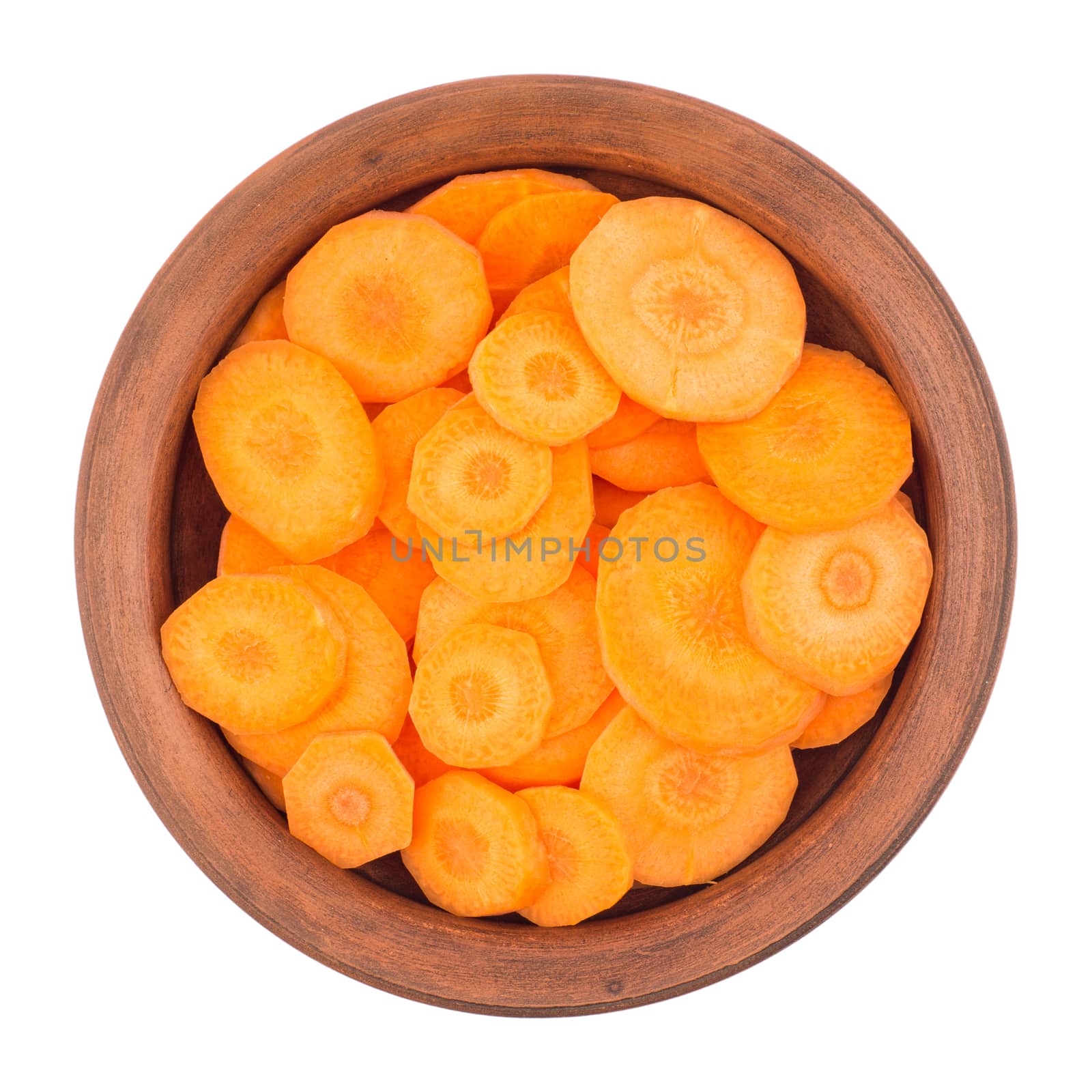 Sliced carrots isolated on white background. Top view.