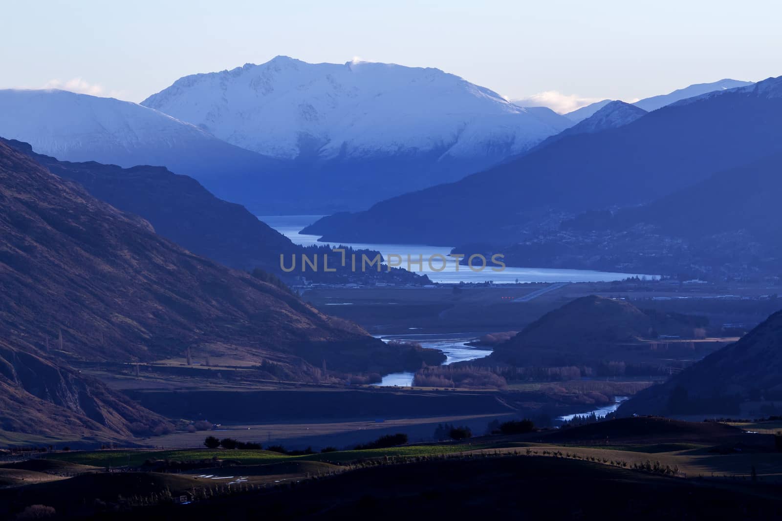 Aerial view of a valley among mountains in New Zealand