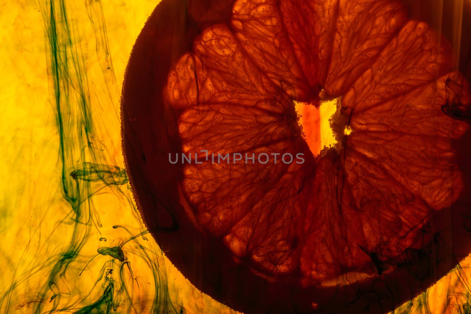 close up of a grapefruit slice in water