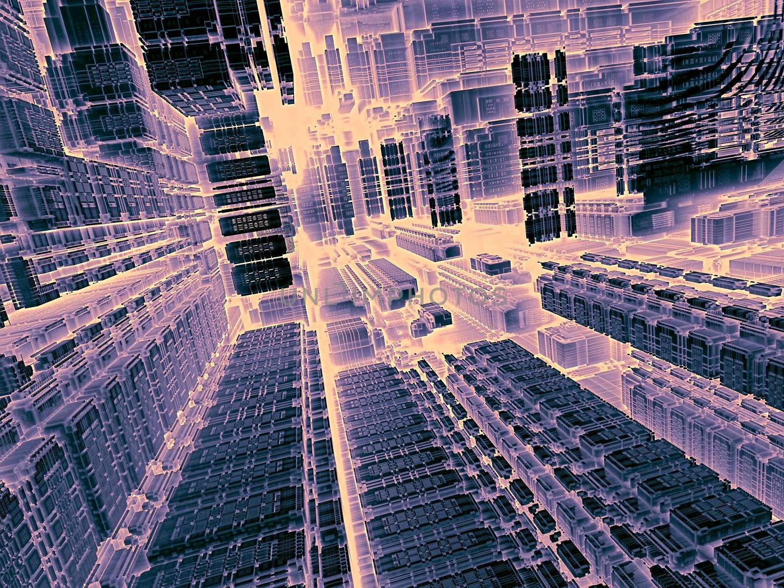 Technology abstract background - computer-generated image. 3d render - fractal illustration in tech style: streets of surreal city or room space station. Trendy concept for high-tech, telecommunications, industry design projects.